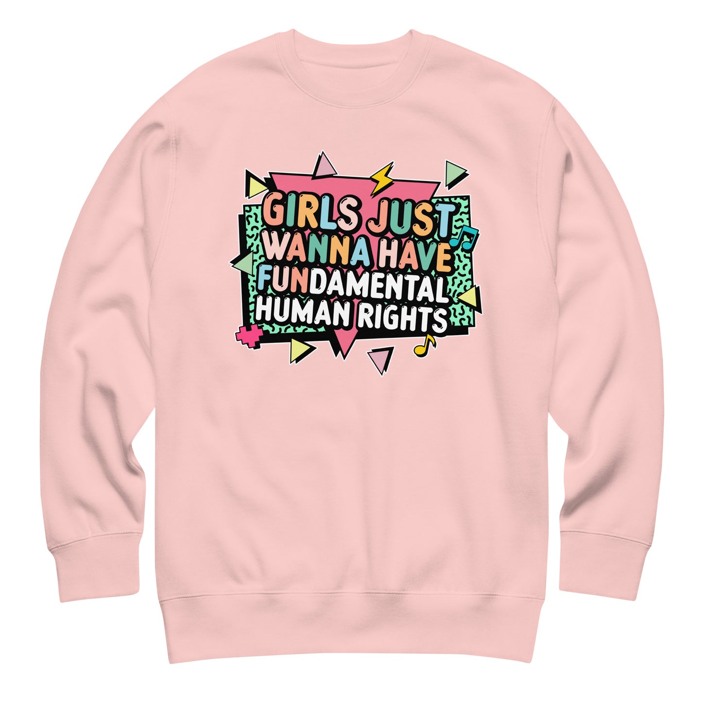 Light pink feminist sweatshirt with retro print and lightning bolt accents. Perfect for activists, feminists, and human rights supporters.