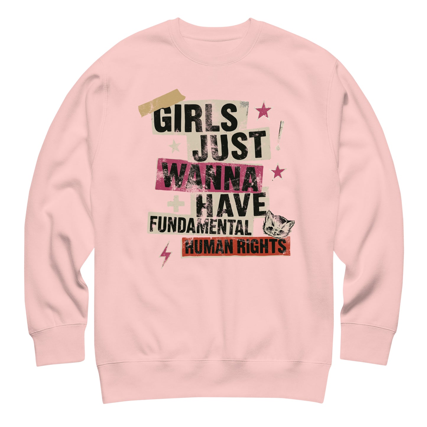 Pink sweatshirt with layered collage text reading “Girls Just Wanna Have Fundamental Human Rights.” Feminist punk design mixing rebellion and warmth.