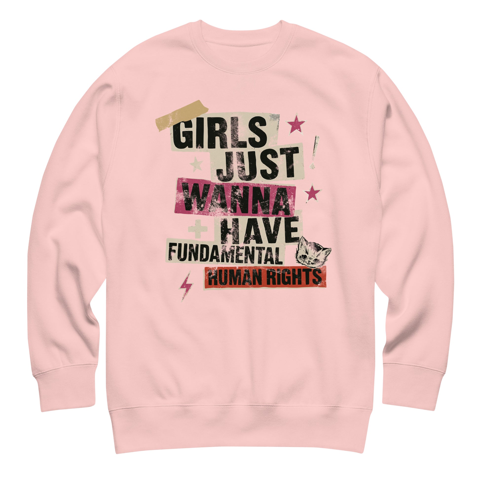 Pink sweatshirt with layered collage text reading “Girls Just Wanna Have Fundamental Human Rights.” Feminist punk design mixing rebellion and warmth.