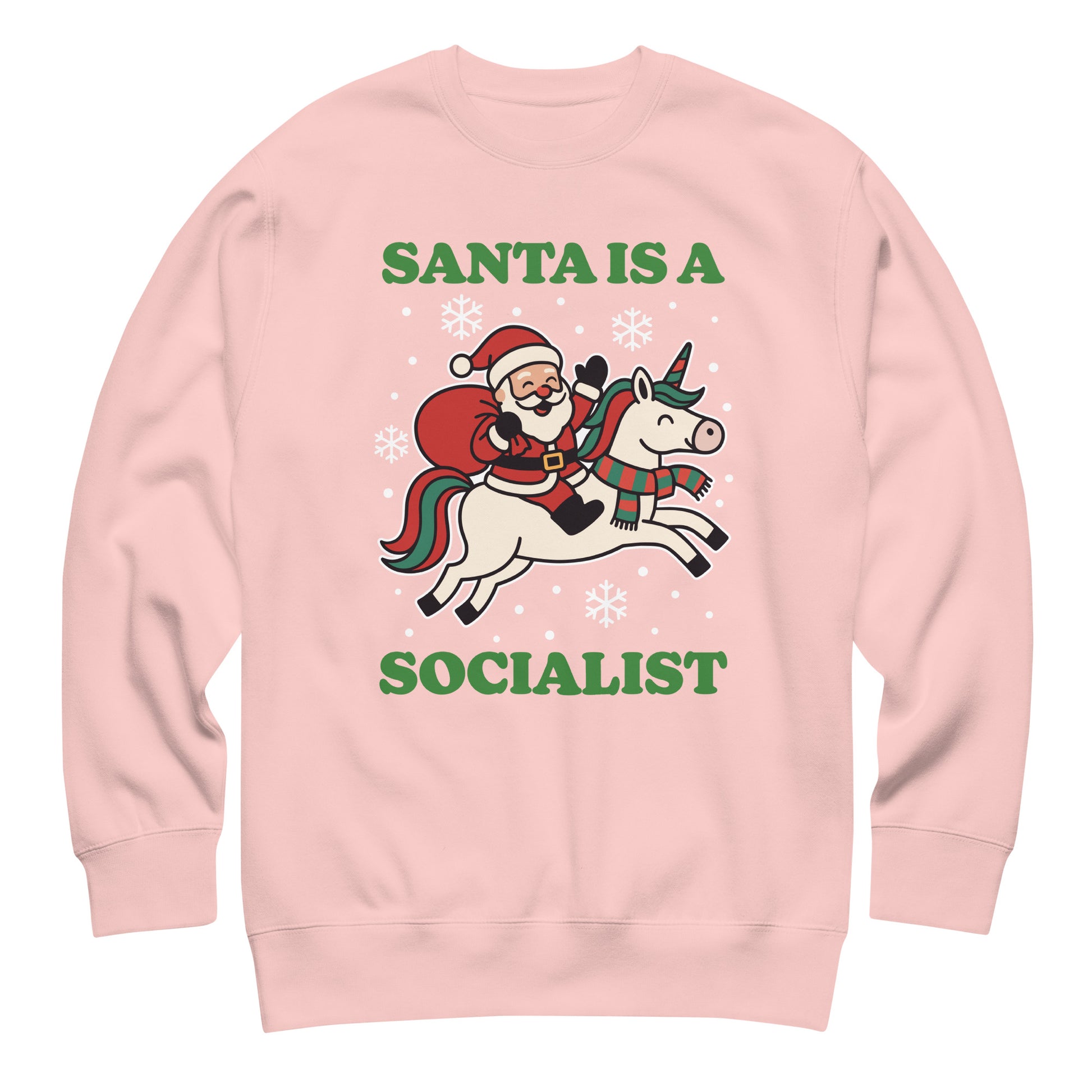 Light pink sweatshirt displaying a retro Santa riding a unicorn illustration with holiday stars and the printed phrase “SANTA IS A SOCIALIST,” created by Blue Wave USA.