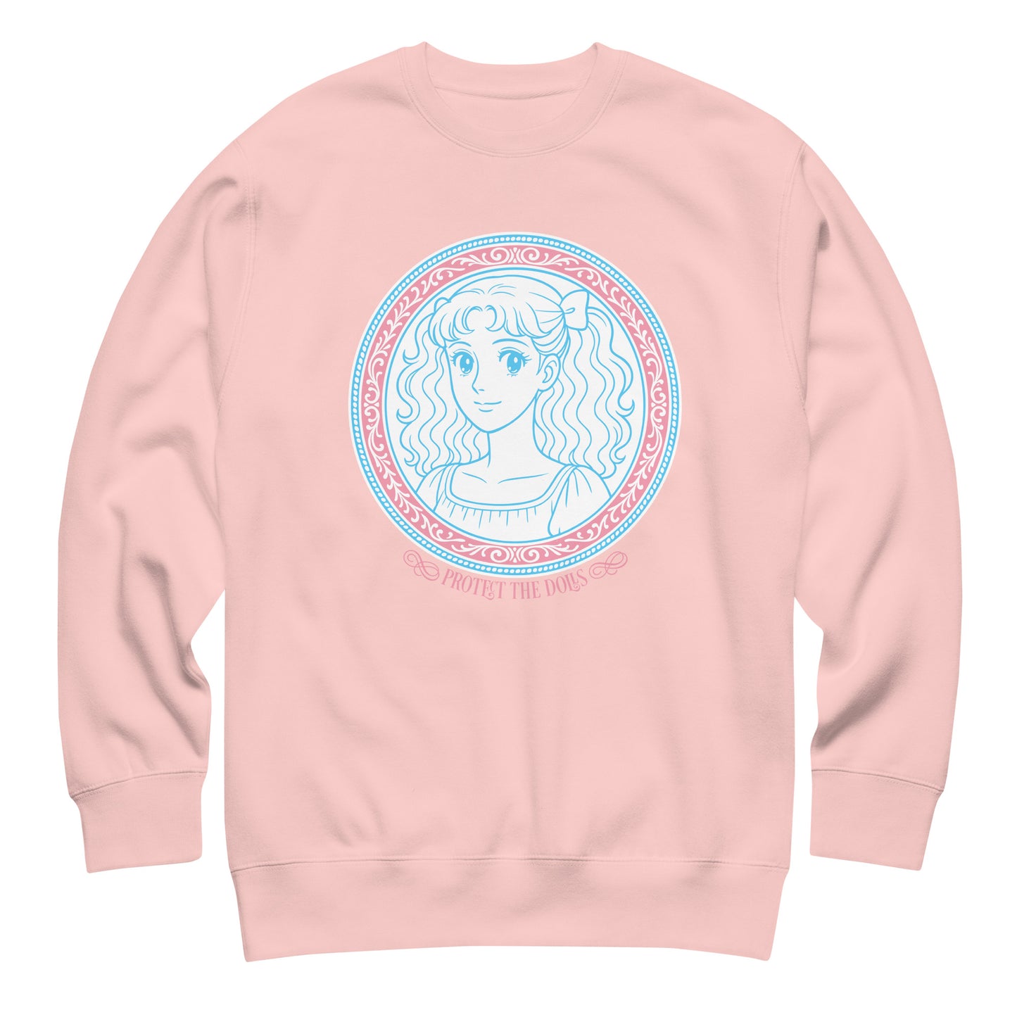 Blush pink unisex premium sweatshirt featuring pastel blue illustrated portrait framed in pink medallion with the phrase “Protect The Dolls Trans Rights” in a clean activist style.