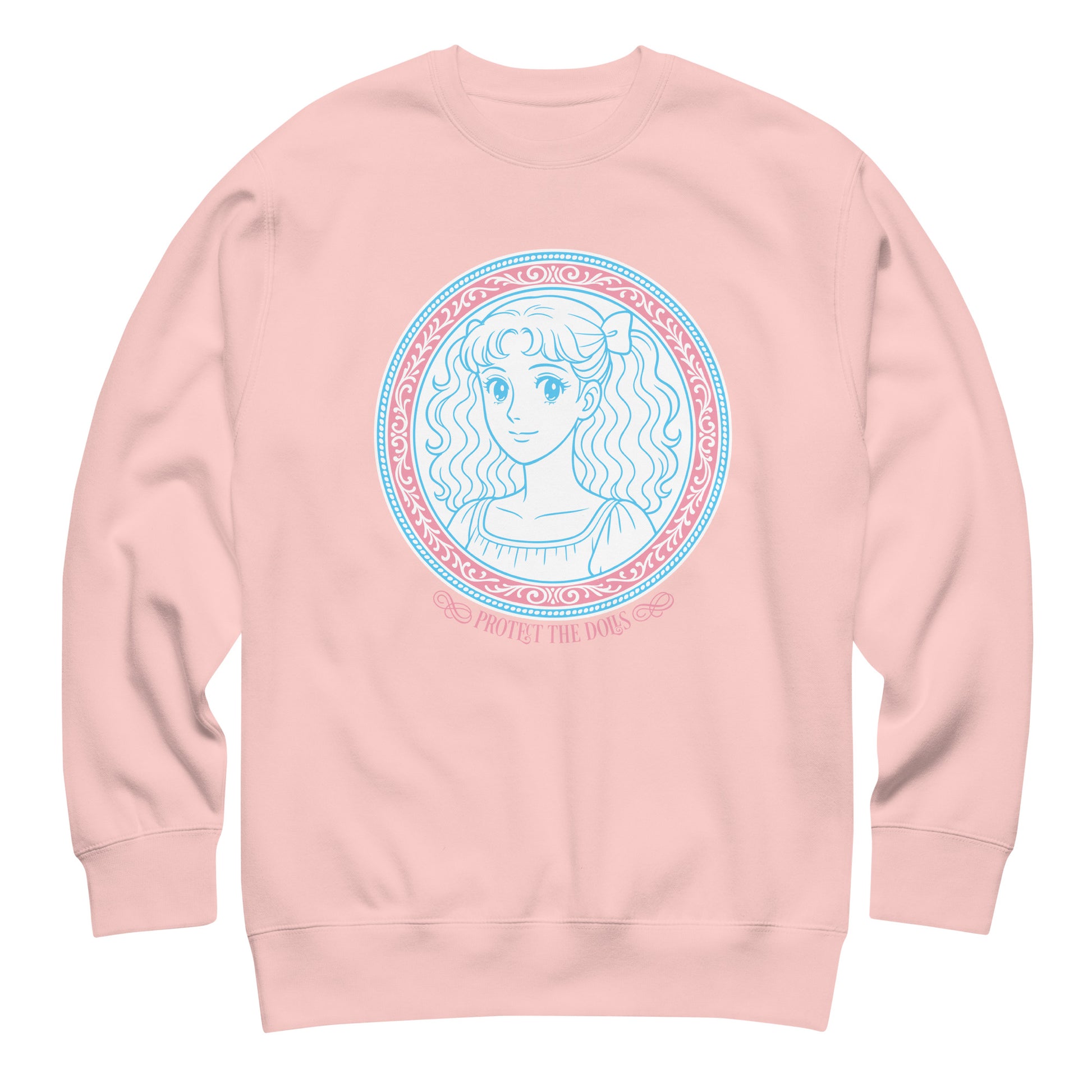 Blush pink unisex premium sweatshirt featuring pastel blue illustrated portrait framed in pink medallion with the phrase “Protect The Dolls Trans Rights” in a clean activist style.