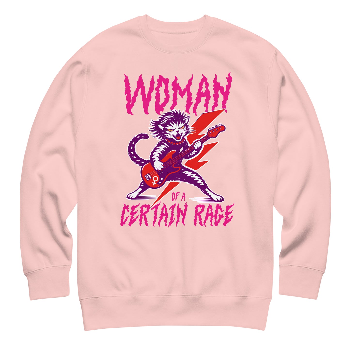 Light pink unisex premium sweatshirt shown flat, showcasing the punk rock cat illustration with electric guitar and distressed text reading “WOMAN OF A CERTAIN RAGE,” playful colorway from Blue Wave USA.