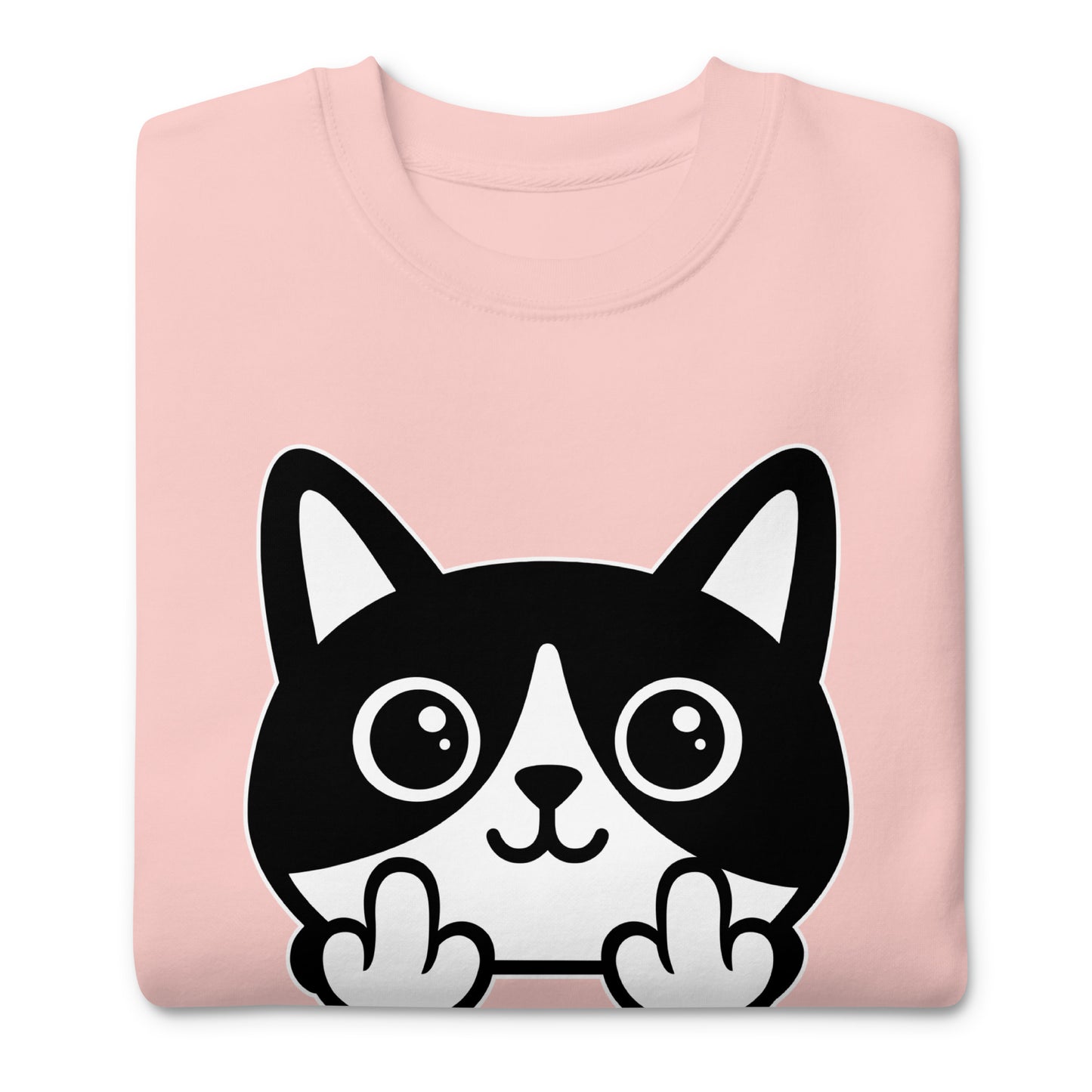 Folded light pink unisex premium sweatshirt featuring bold graphic cat illustration giving the middle finger, clean white line art, centered print, printed message “FUCK ICE.”