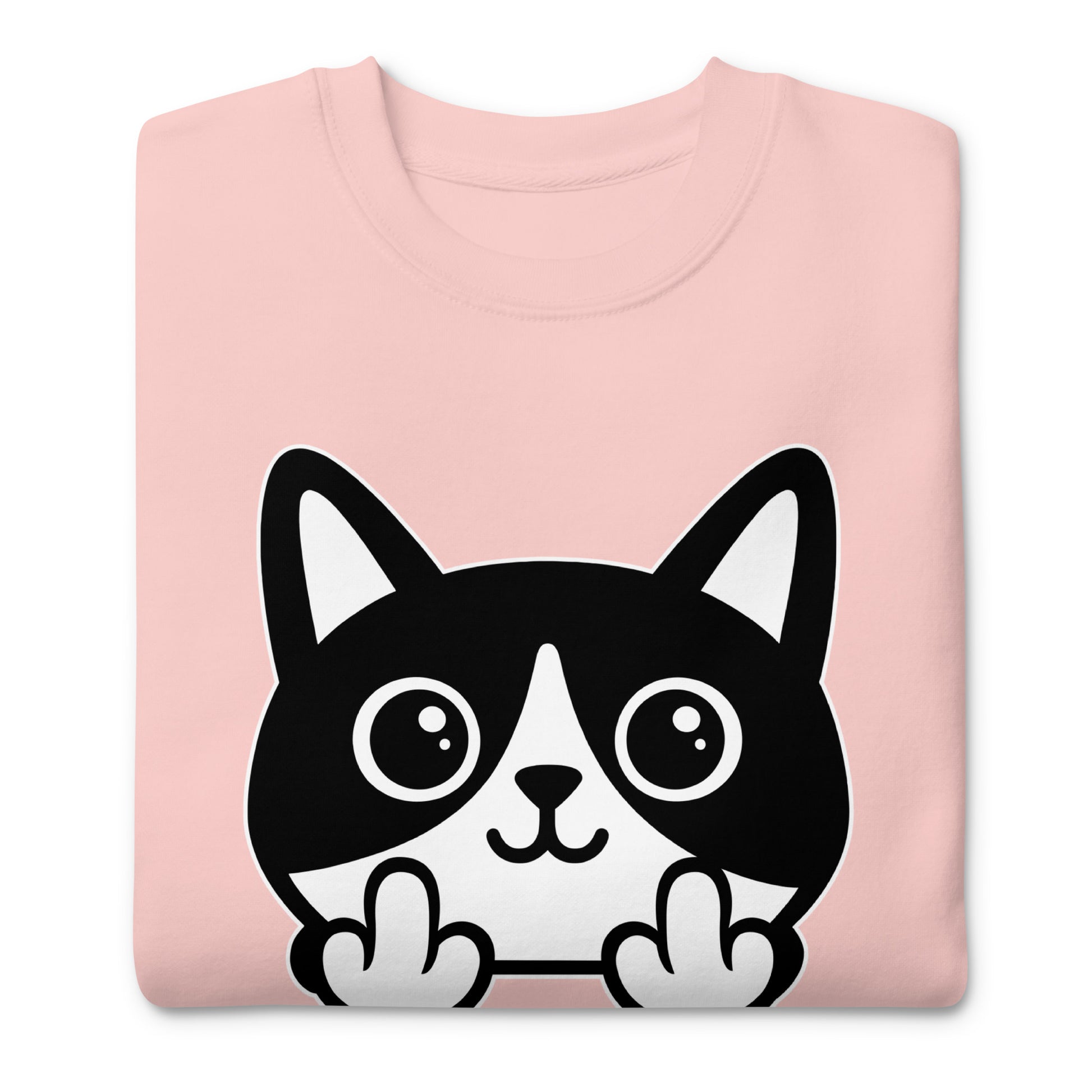 Folded light pink unisex premium sweatshirt featuring bold graphic cat illustration giving the middle finger, clean white line art, centered print, printed message “FUCK ICE.”