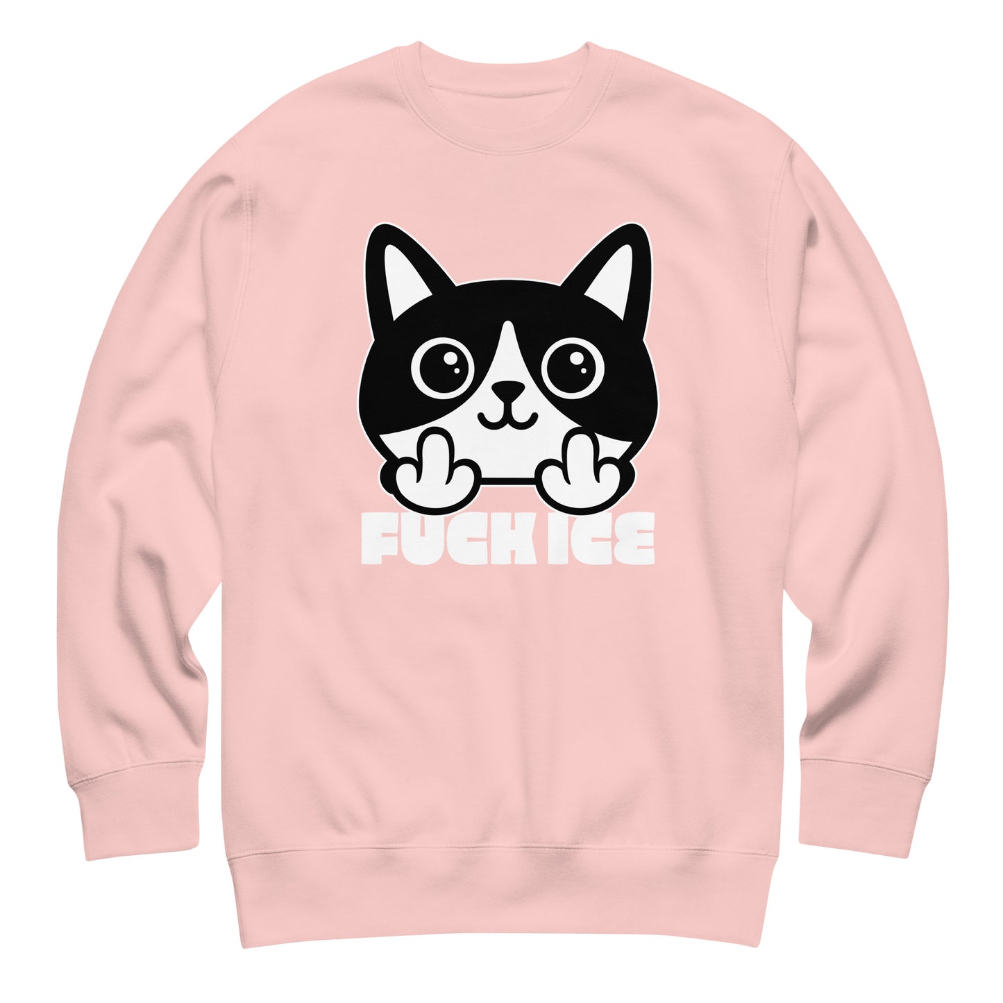 Light pink unisex premium sweatshirt laid flat featuring bold graphic cat illustration giving the middle finger, smooth white print texture, centered layout, printed message “FUCK ICE.”