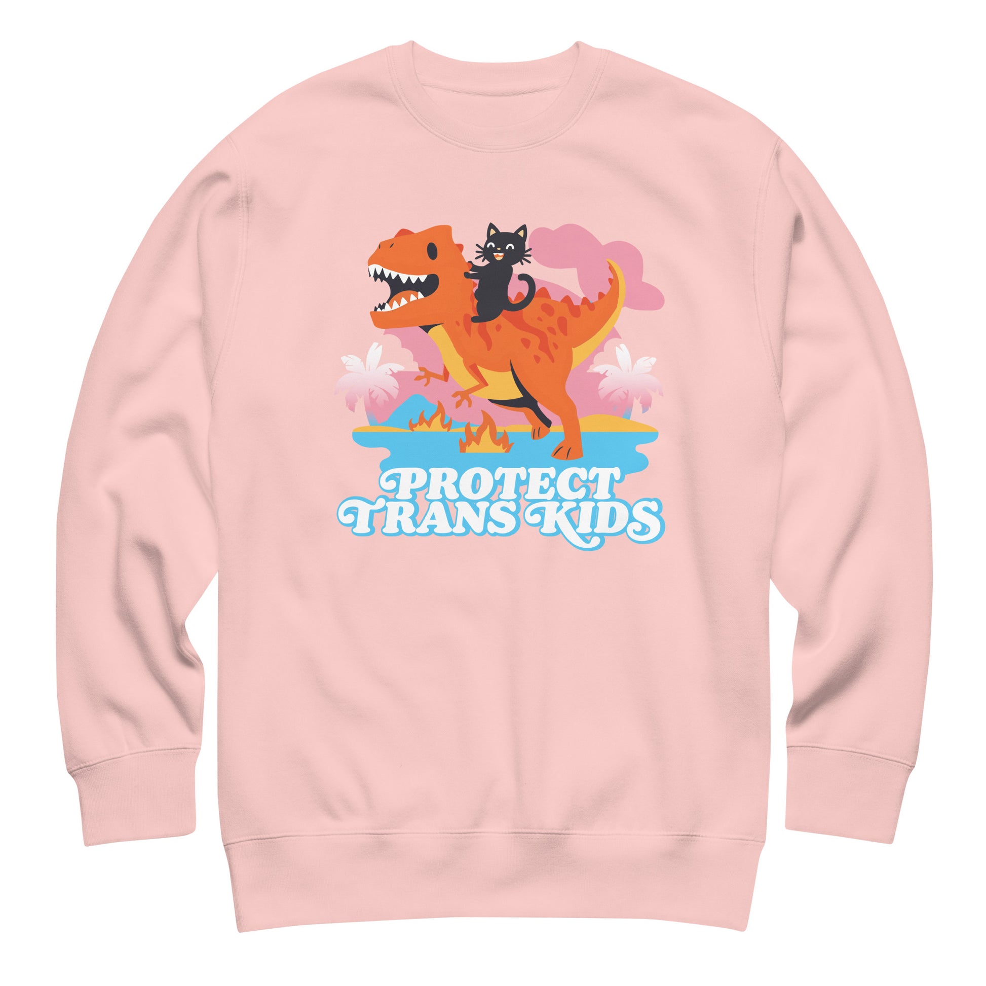 Light pink unisex premium sweatshirt featuring colorful dinosaur and ally cat illustration above bold retro typography reading “Protect Trans Kids.”
