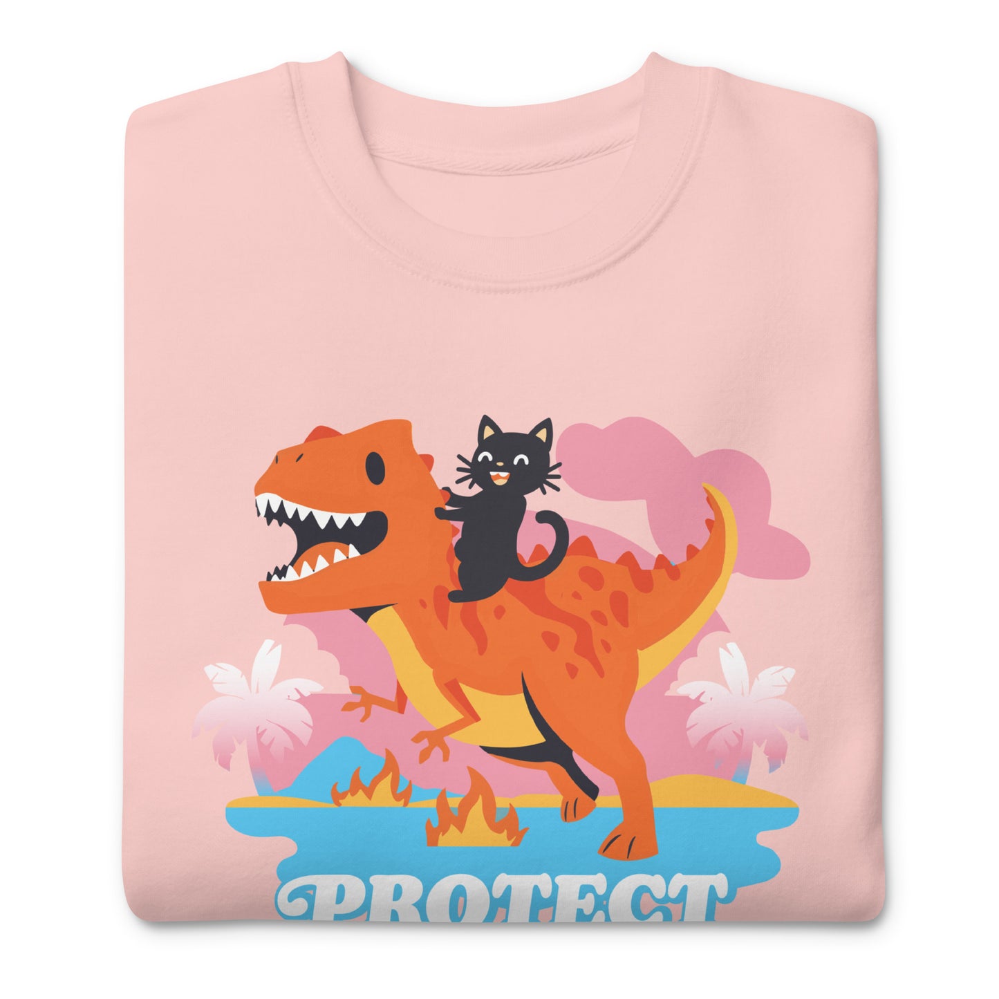 Peach pink unisex premium sweatshirt featuring colorful dinosaur and ally cat illustration above bold retro-style typography reading “Protect Trans Kids.”