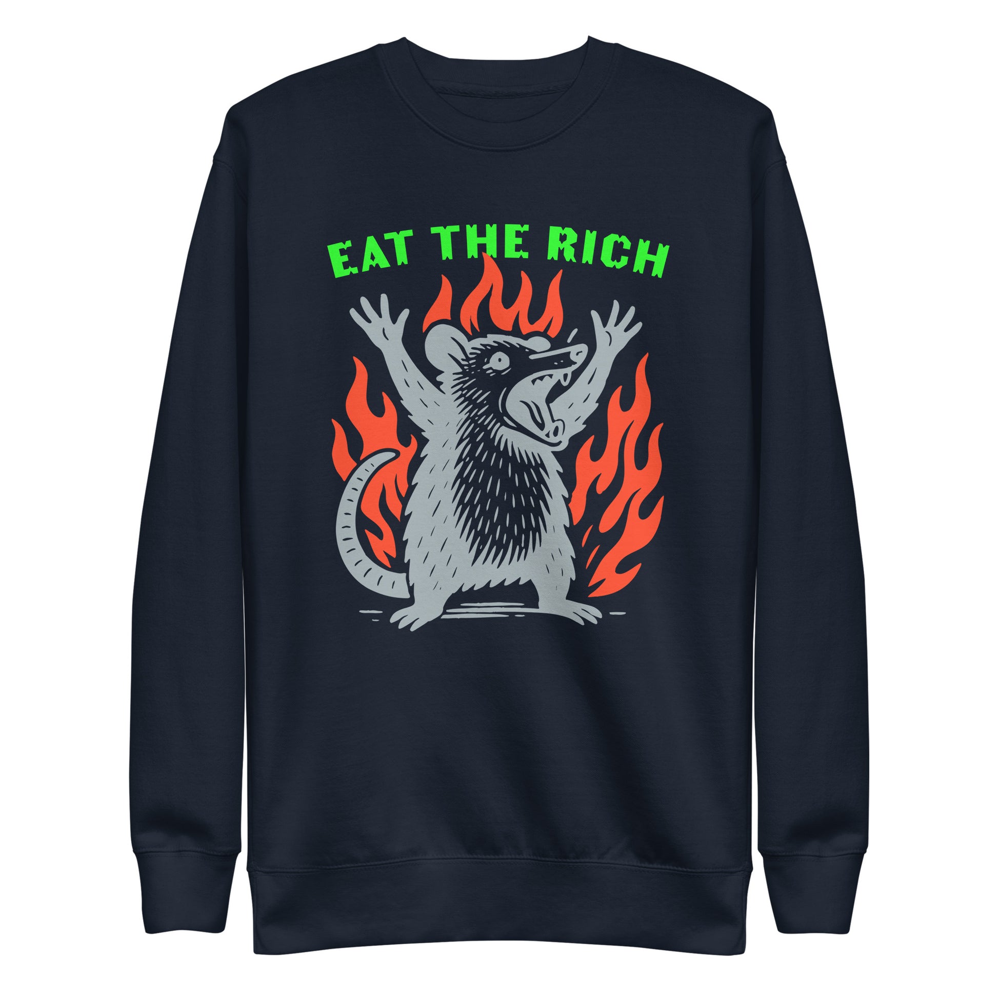 Front View Image: Eat The Rich Opossum Sweatshirt – bold protest design with flames
