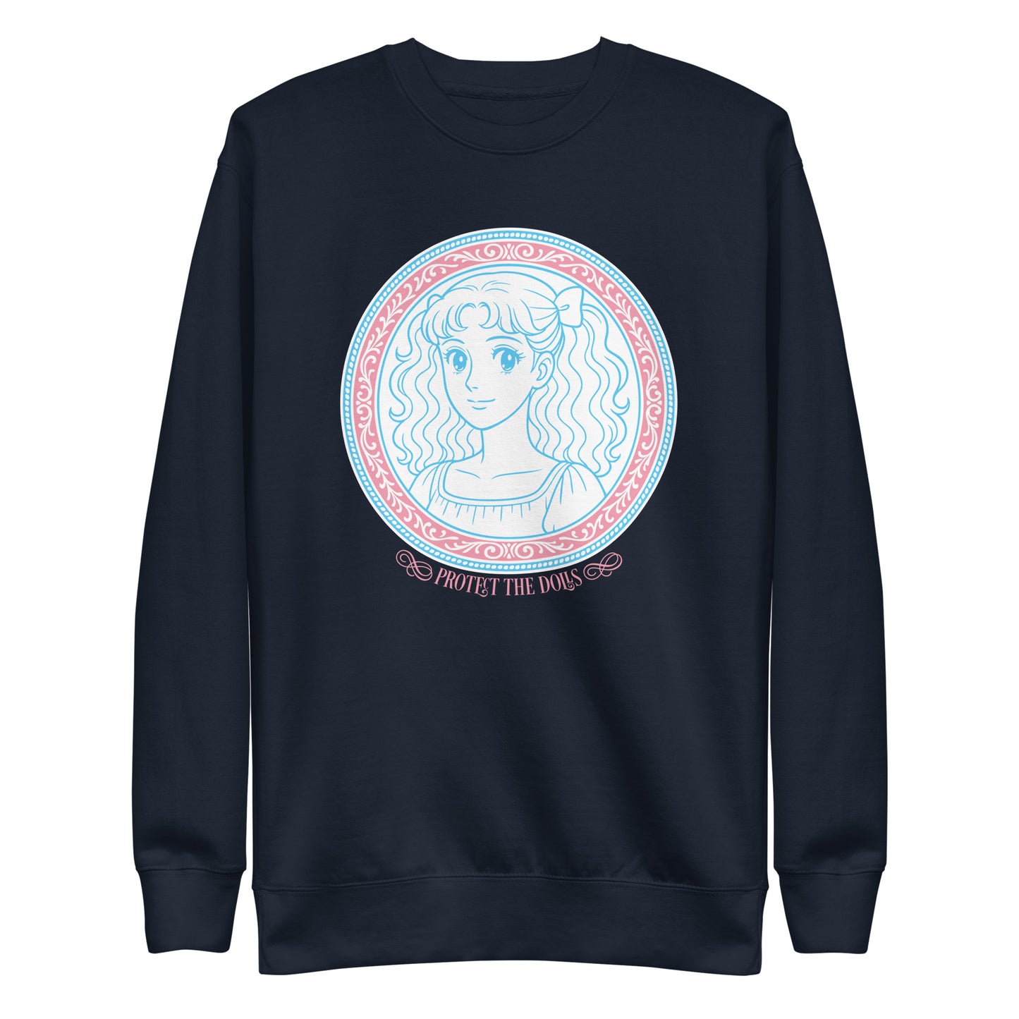 Front View Image: Protect The Dolls premium sweatshirt with pastel trans pride anime design