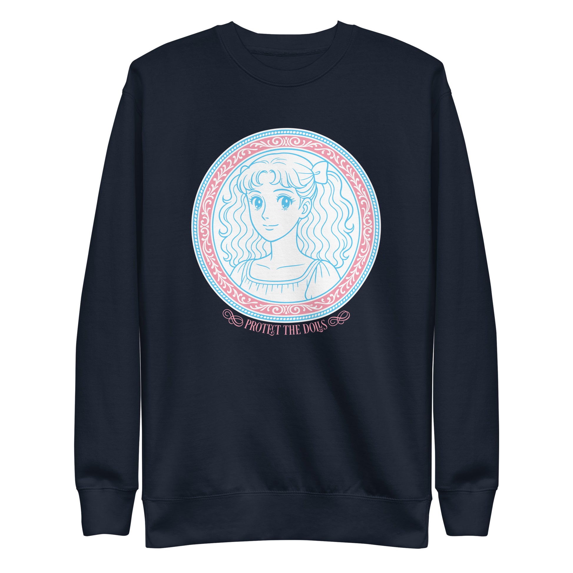 Front View Image: Protect The Dolls premium sweatshirt with pastel trans pride anime design