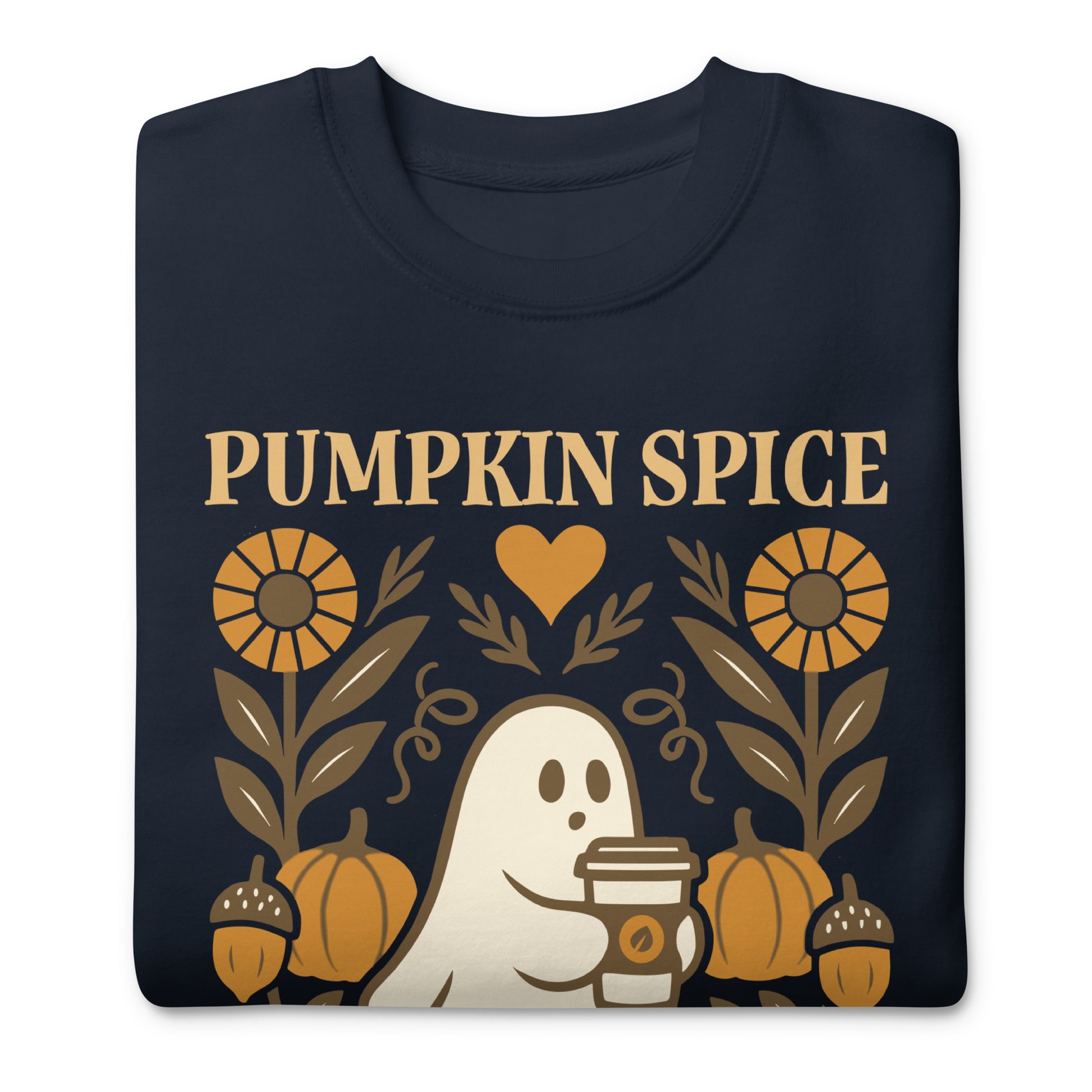 Close-up of Navy “Pumpkin Spice & Human Rights” crewneck with folk-art ghost, pumpkins, and fall leaves in brown and gold tones.