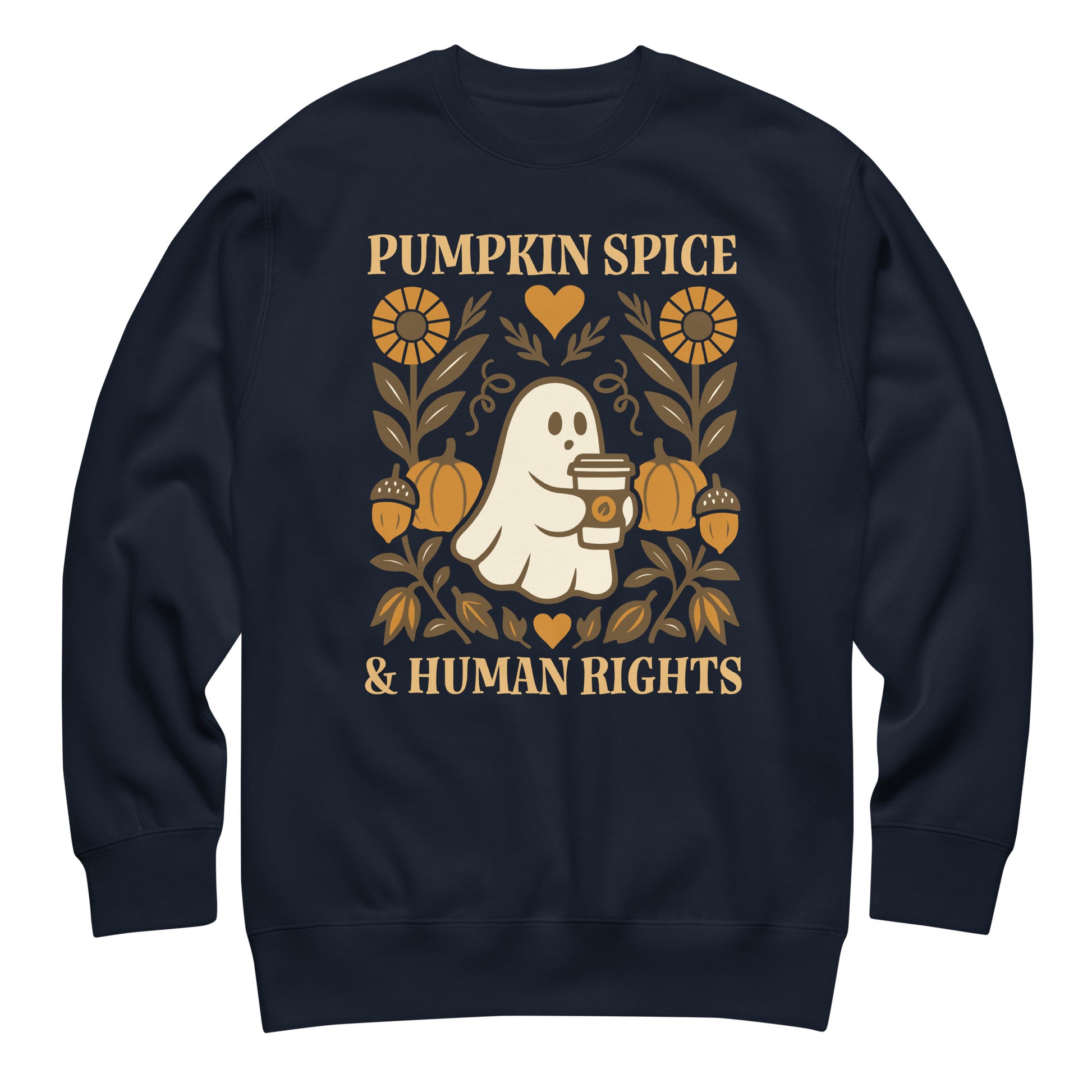 Navy “Pumpkin Spice & Human Rights” crewneck with folk-art ghost, pumpkins, and fall leaves in brown and gold tones.