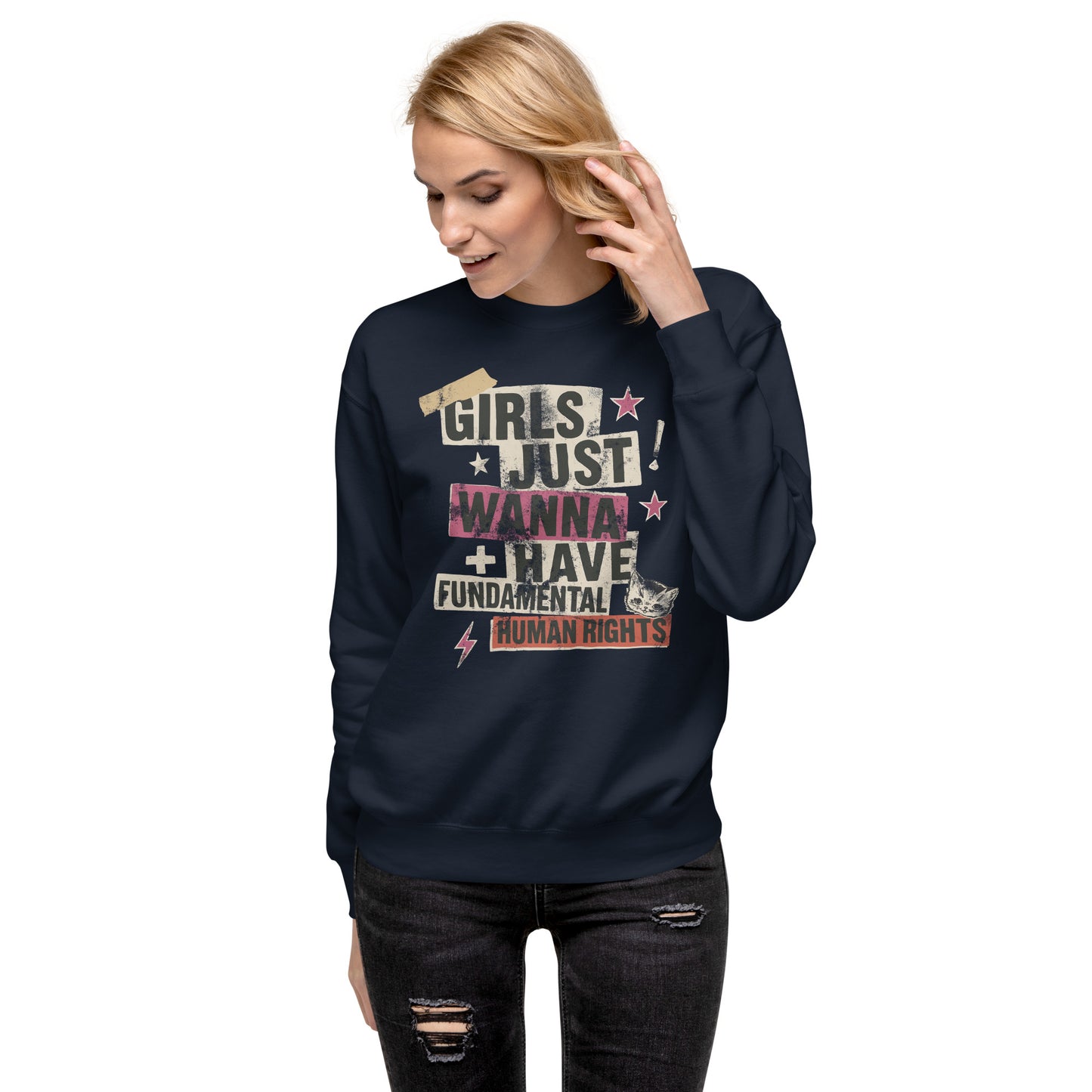 Model wearing navy “Girls Just Wanna Have Fundamental Human Rights” punk collage sweatshirt. Edgy feminist streetwear by Blue Wave USA.