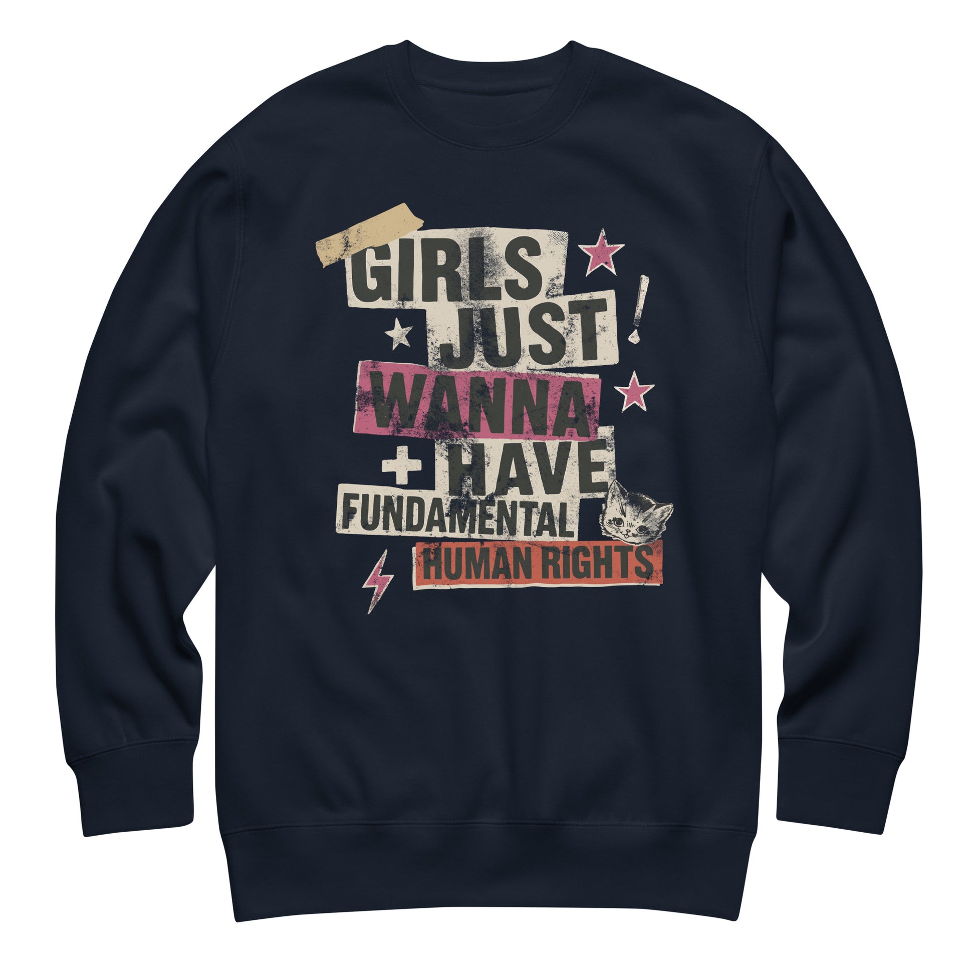 Navy sweatshirt featuring punk collage feminist slogan with taped letters and lightning graphics. Casual activism meets modern design.