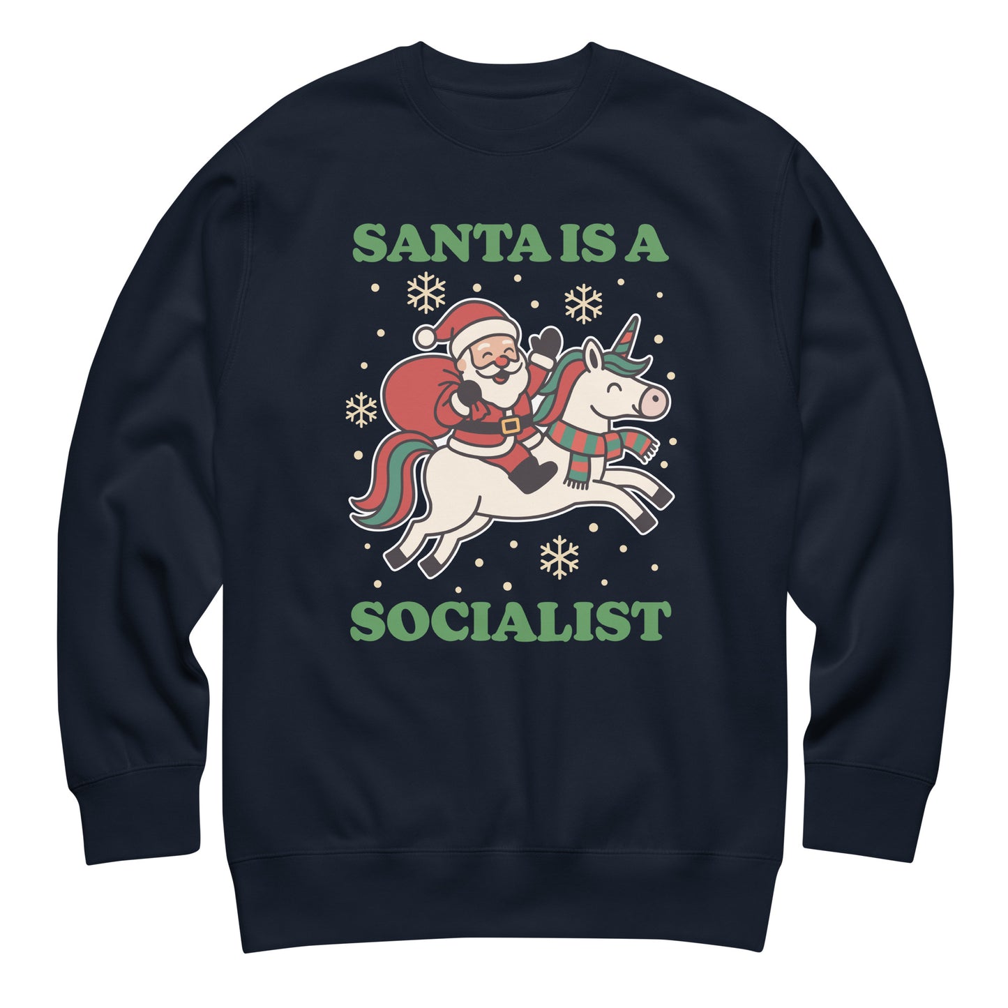 Navy sweatshirt featuring a retro Santa riding a unicorn surrounded by stars with the printed message “SANTA IS A SOCIALIST” in green text.