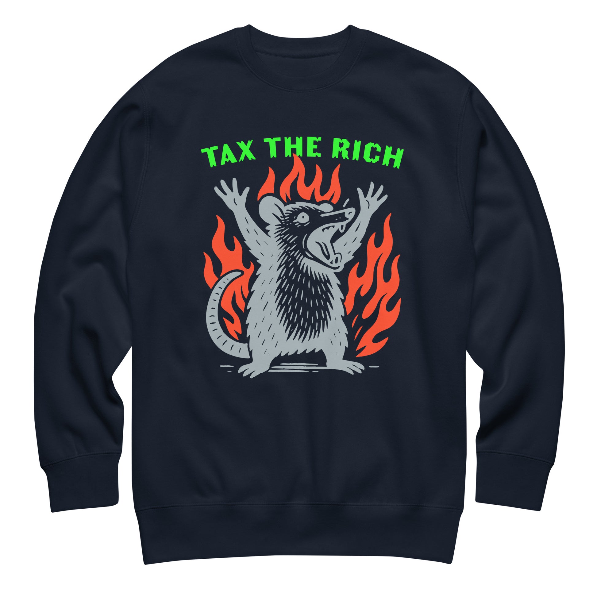 Navy blue unisex premium sweatshirt featuring punk opossum surrounded by flames with bold “Tax The Rich” activist design.