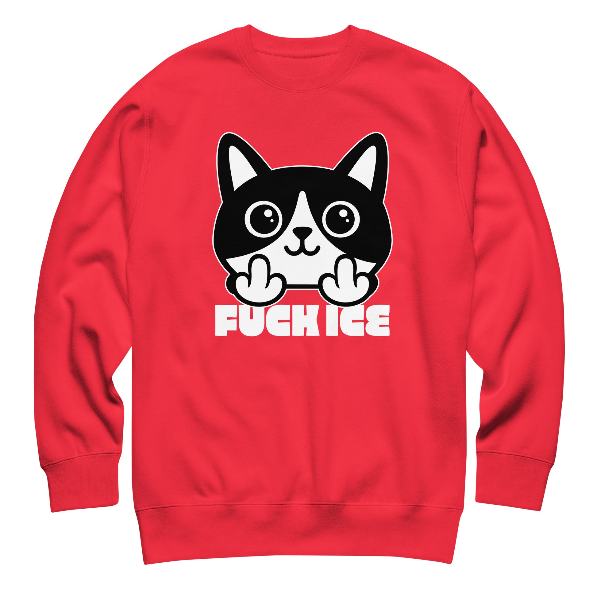 Red unisex premium sweatshirt featuring bold graphic cartoon cat flipping the middle finger, clean white print, centered composition, printed message “FUCK ICE,” sweatshirt from Blue Wave USA.