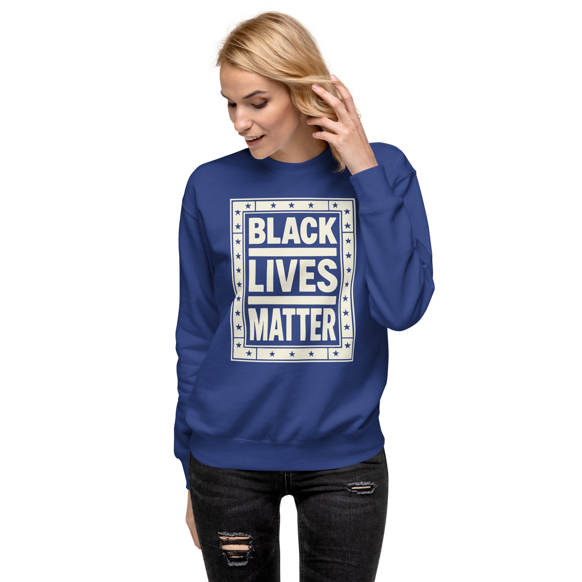 Lifestyle Image: Woman Wearing BLM Sweatshirt