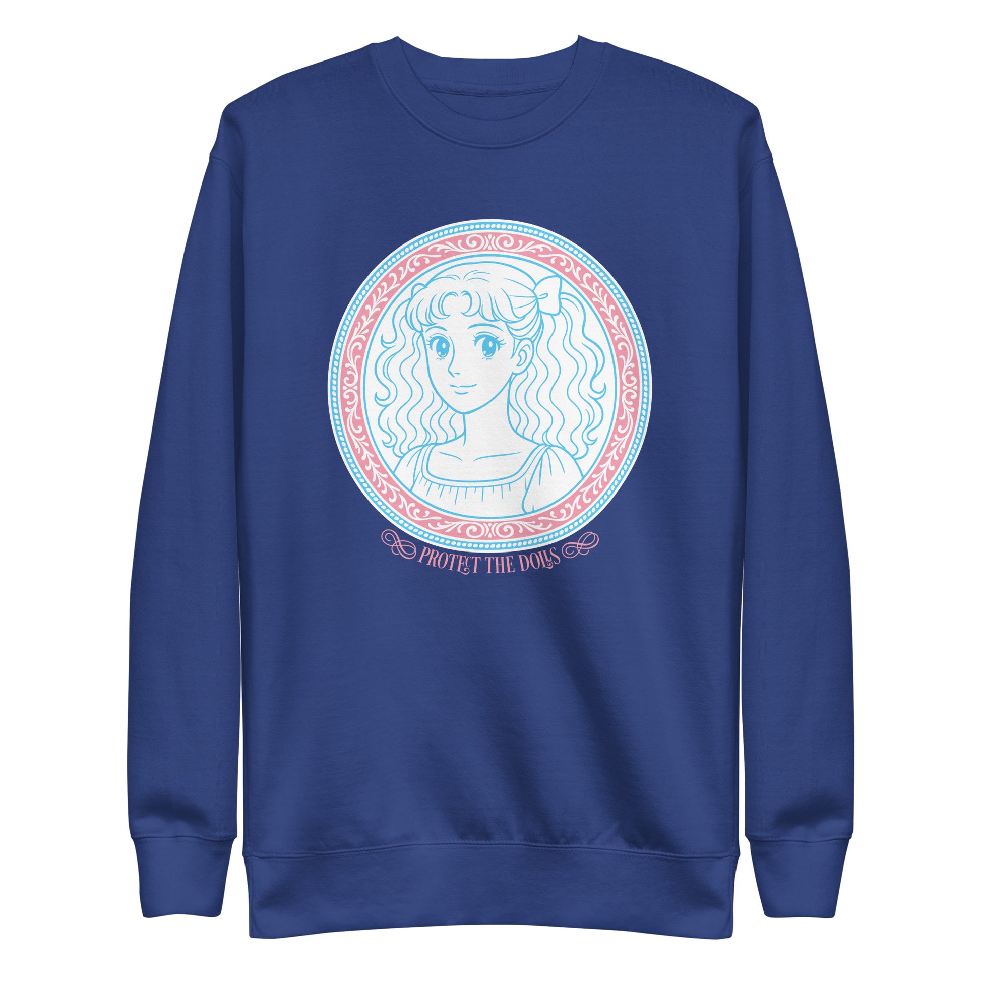 Front View Image: Protect The Dolls premium sweatshirt with pastel trans pride anime design