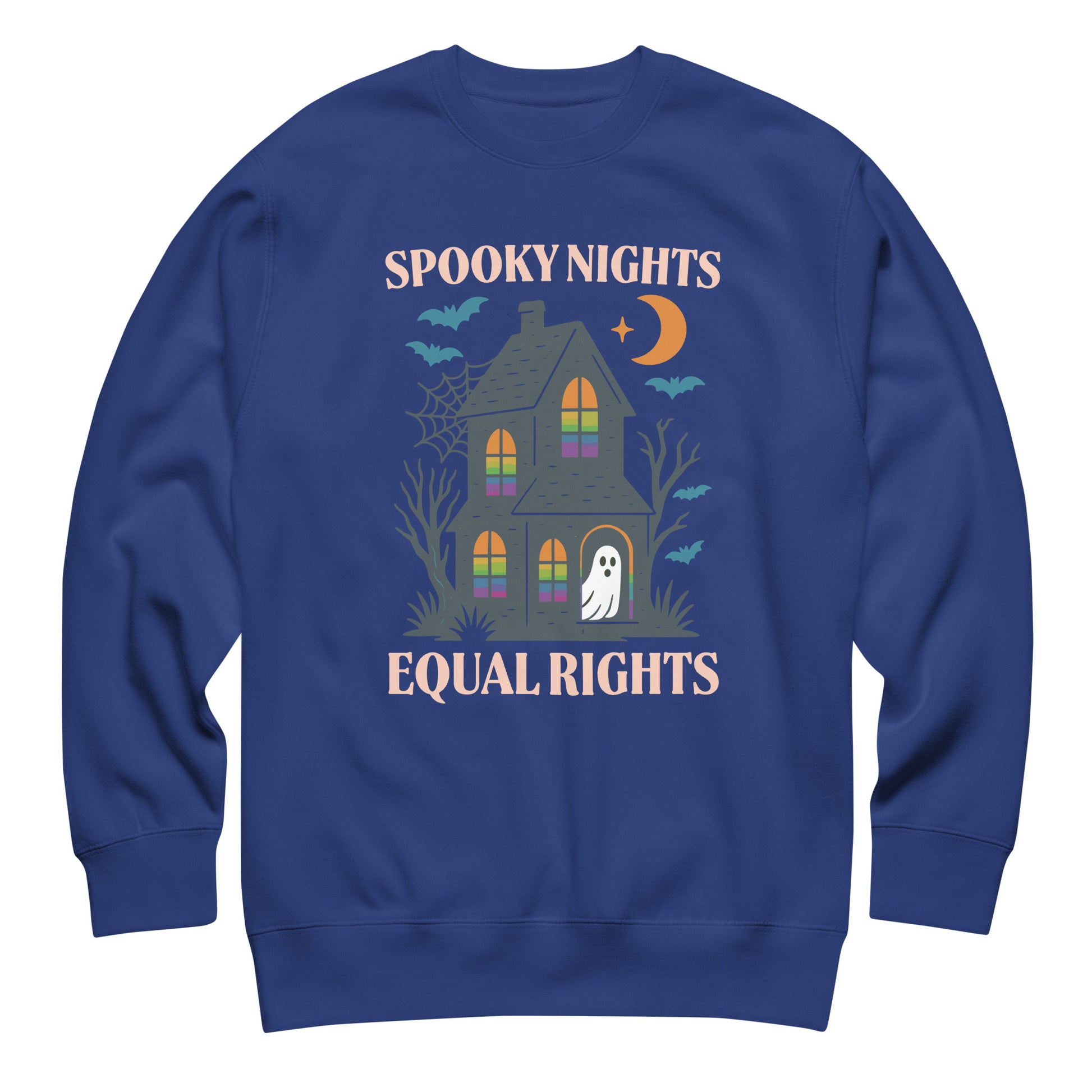Royal blue “Spooky Nights, Equal Rights” Halloween sweatshirt, Blue Wave progressive activist wear for fall nights.