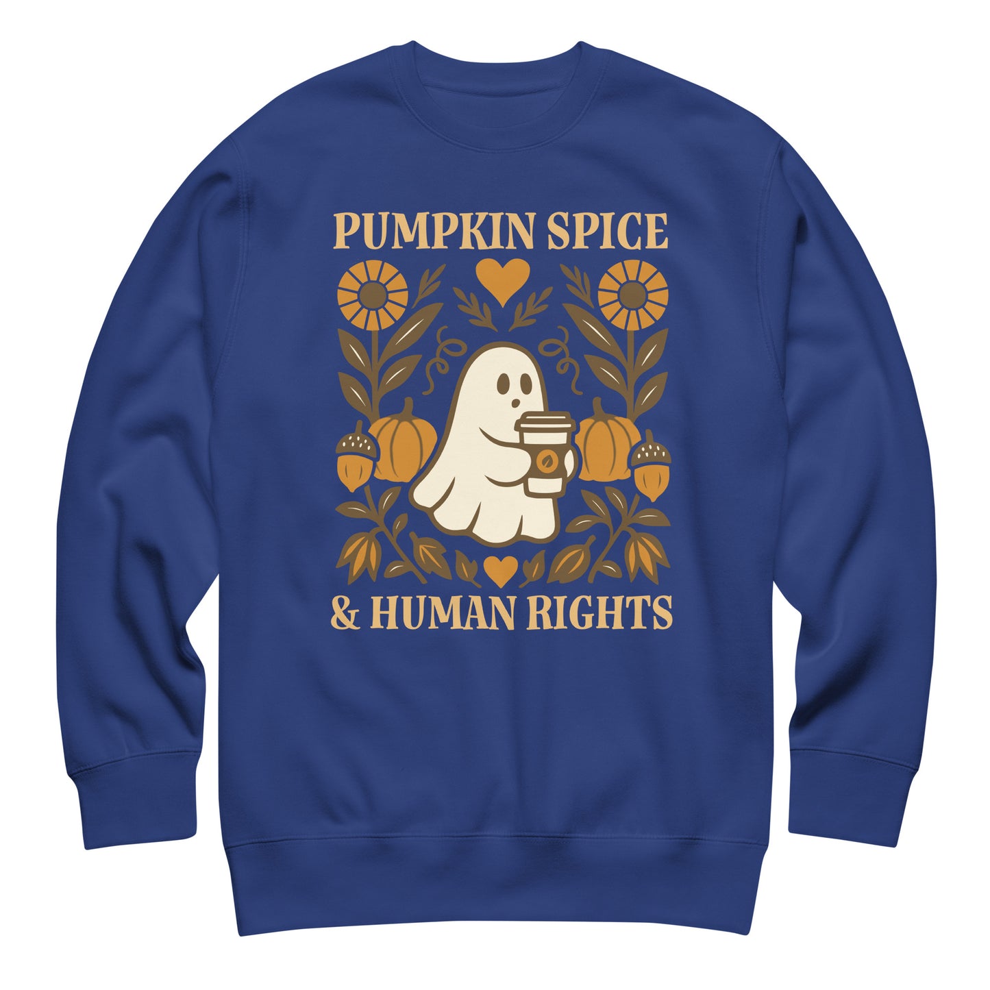 Royal blue “Pumpkin Spice & Human Rights” cozy activist crewneck, equality-themed fall wear.