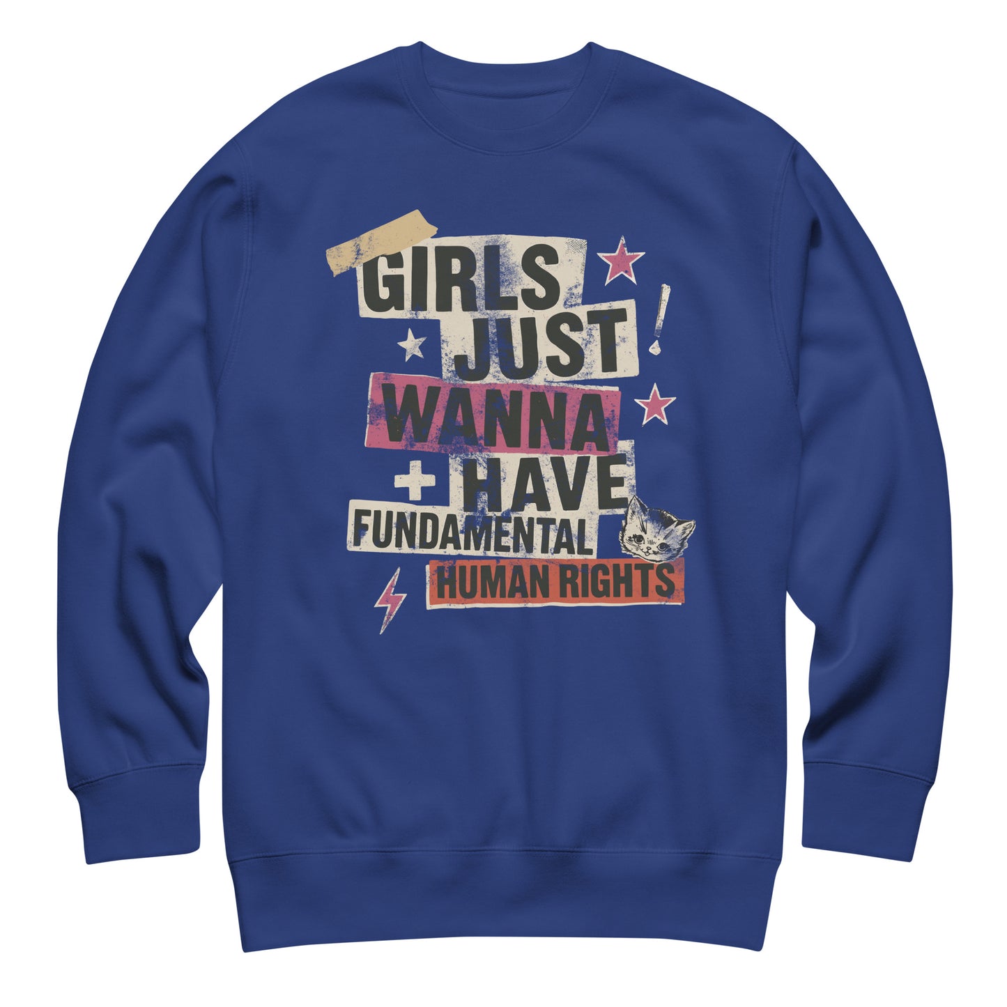 Royal blue unisex sweatshirt with punk collage-style lettering and small lightning bolt accents. Vintage punk aesthetic for equality and empowerment.