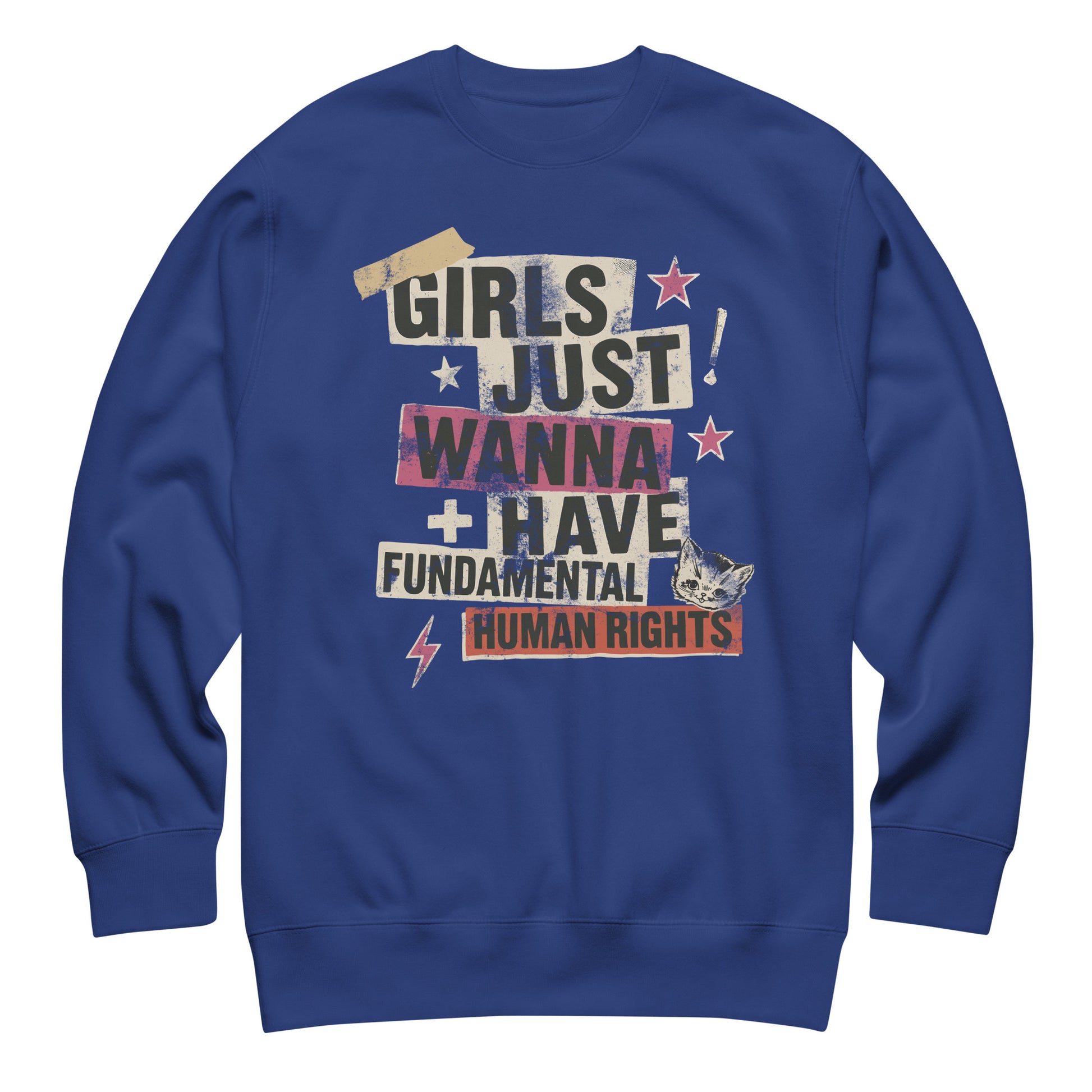 Royal blue unisex sweatshirt with punk collage-style lettering and small lightning bolt accents. Vintage punk aesthetic for equality and empowerment.