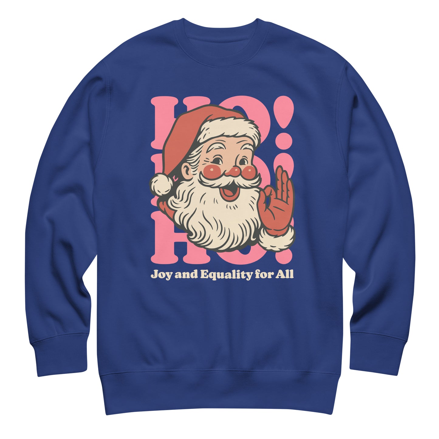 Royal blue crewneck displaying the vintage Santa art, pink accents, and inclusive holiday slogan from Blue Wave USA.