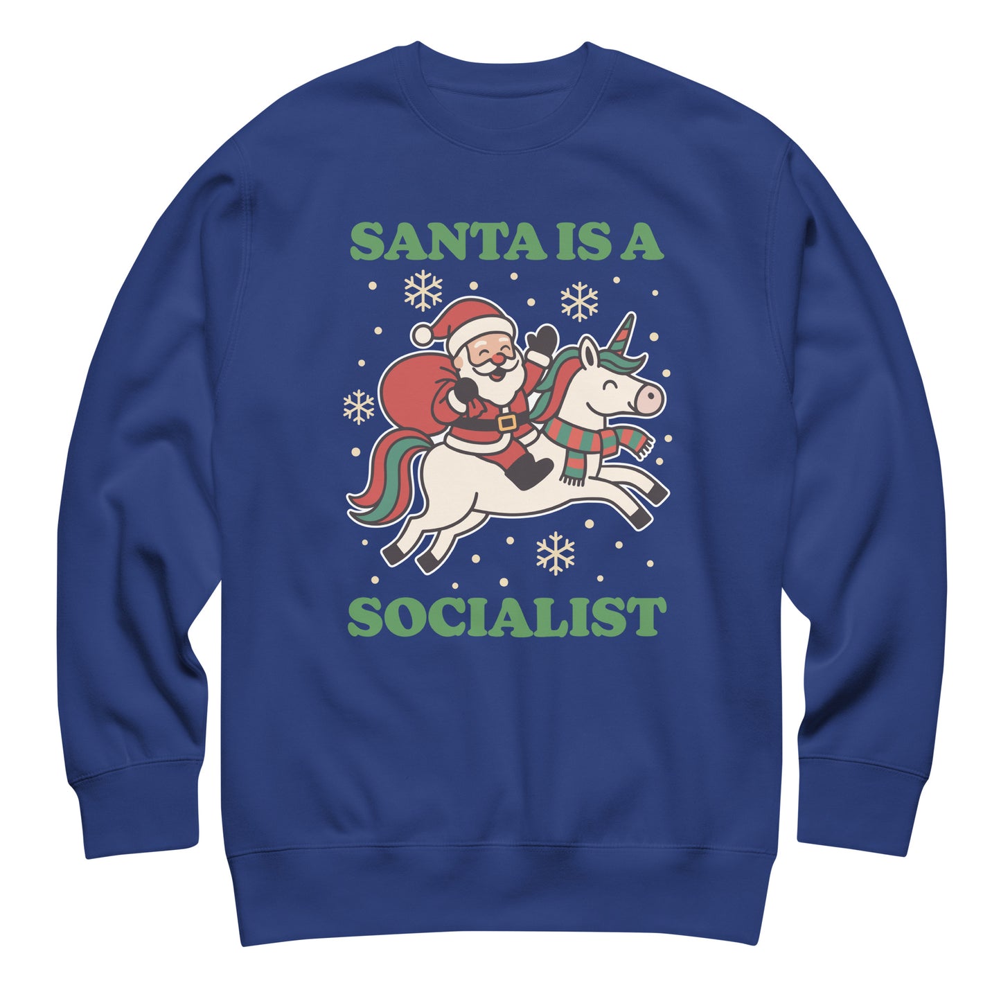 Royal blue sweatshirt featuring a vintage Santa riding a unicorn with stars and the printed message “SANTA IS A SOCIALIST,” designed by Blue Wave USA.