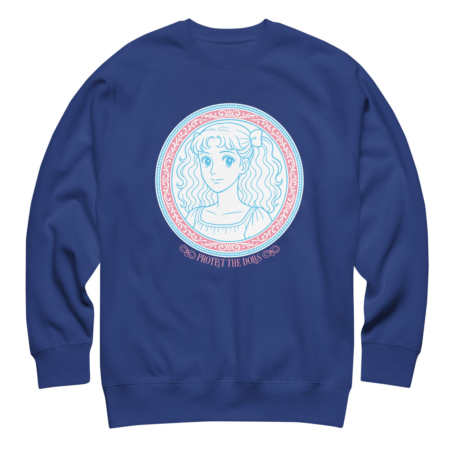 Royal blue unisex premium sweatshirt displaying circular pastel illustration with detailed blue line art and the phrase “Protect The Dolls” by Blue Wave USA.