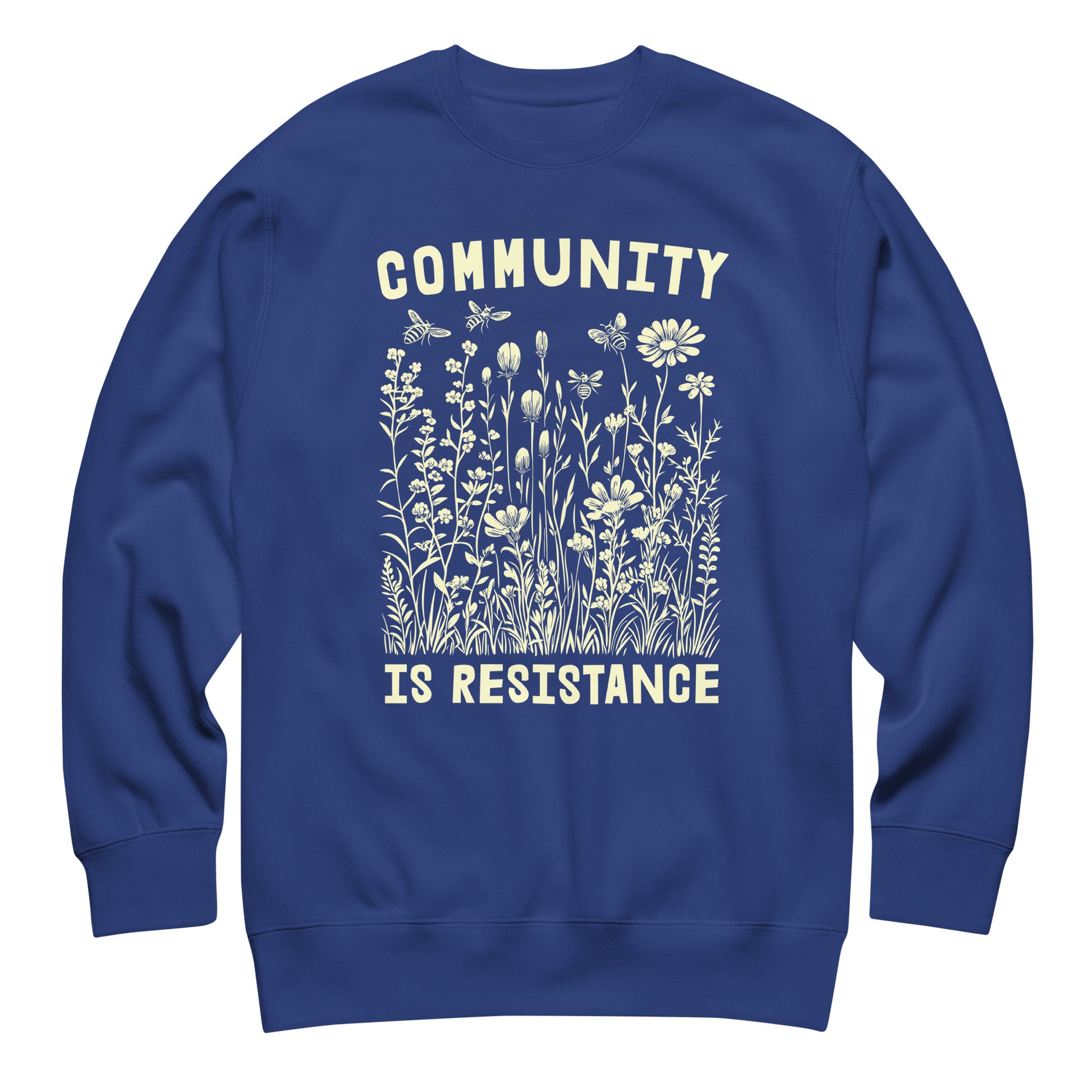 Royal blue unisex premium sweatshirt featuring wildflower illustration and vintage typography, progressive activist sweatshirt from Blue Wave USA.