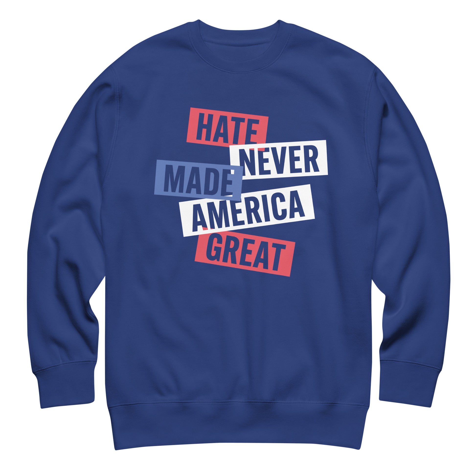 Blue unisex premium sweatshirt featuring stacked red, white, and blue typography design, progressive activist sweatshirt from Blue Wave USA.