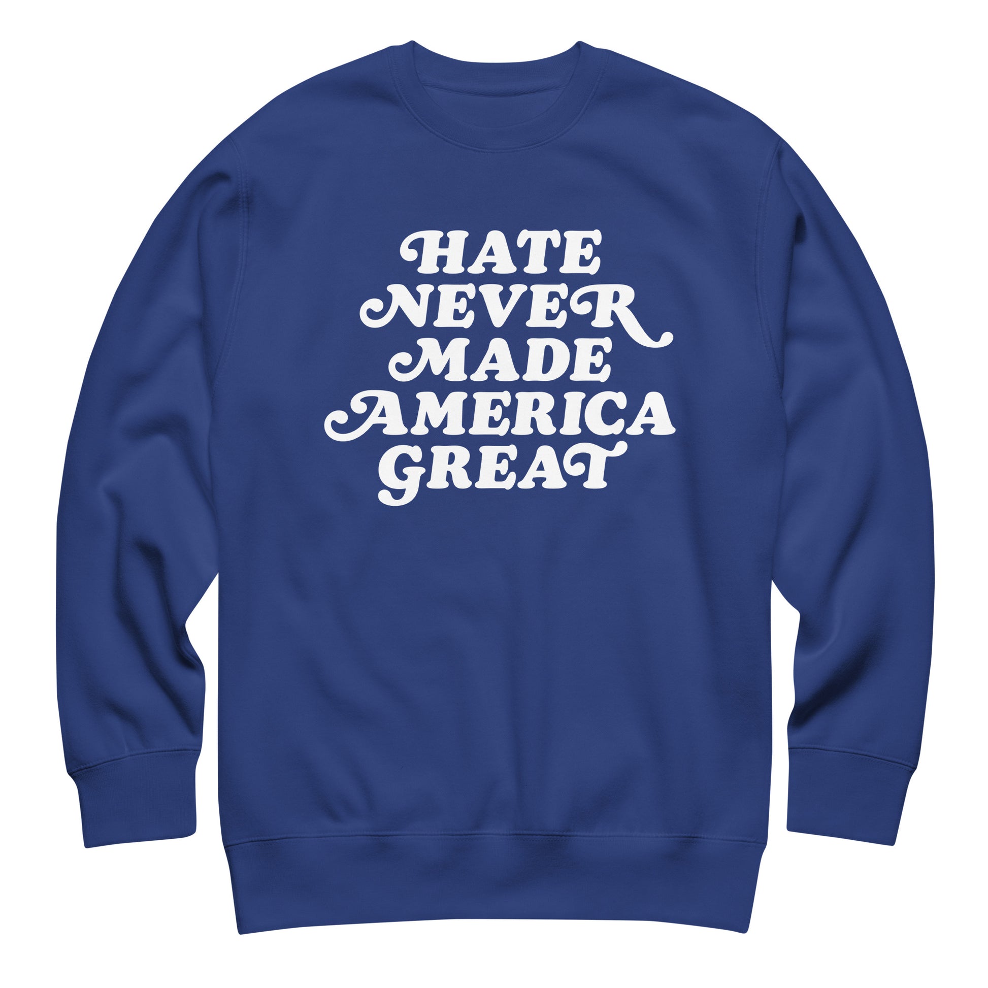 Royal blue unisex premium sweatshirt featuring retro script typography design in white print, progressive activist sweatshirt from Blue Wave USA.