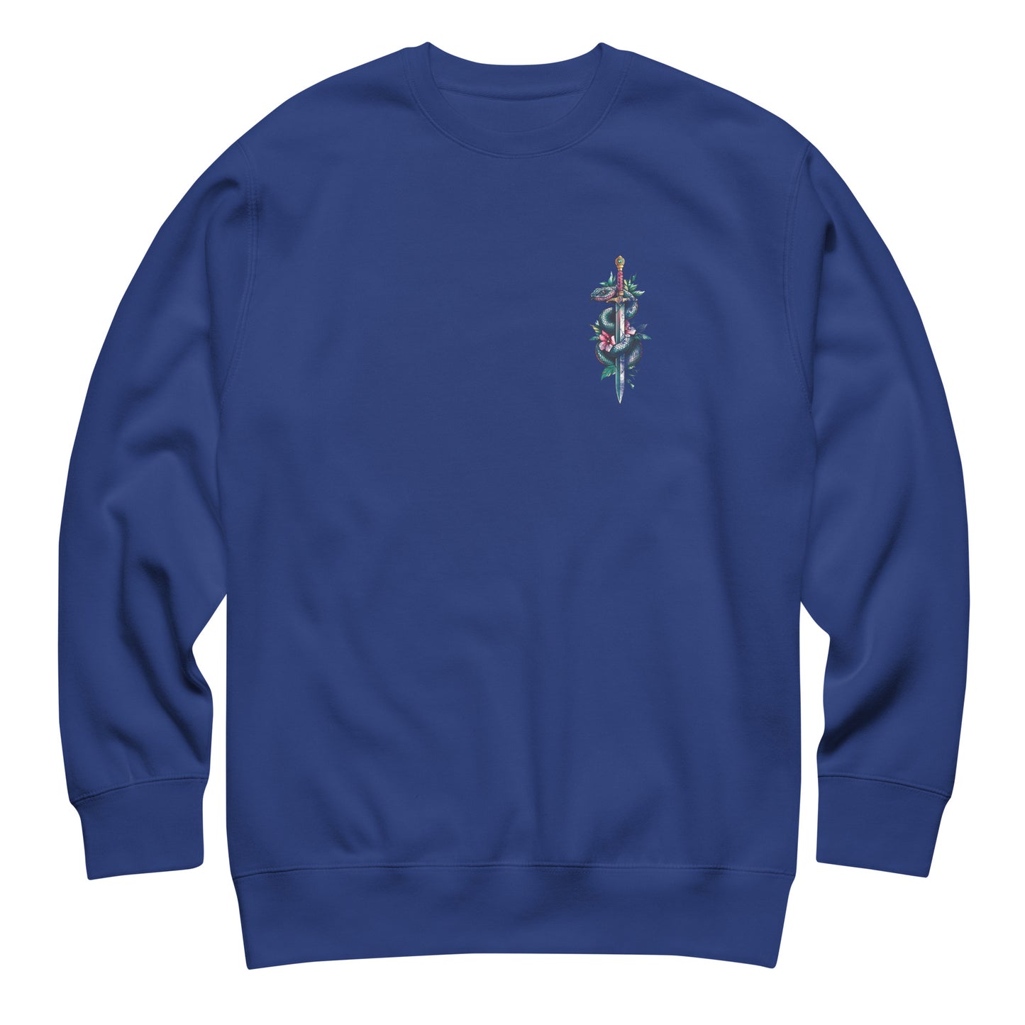 Royal blue unisex premium sweatshirt front featuring small chest snake and dagger illustration with typography reading “Protect Trans Kids,” progressive trans rights sweatshirt from Blue Wave USA.