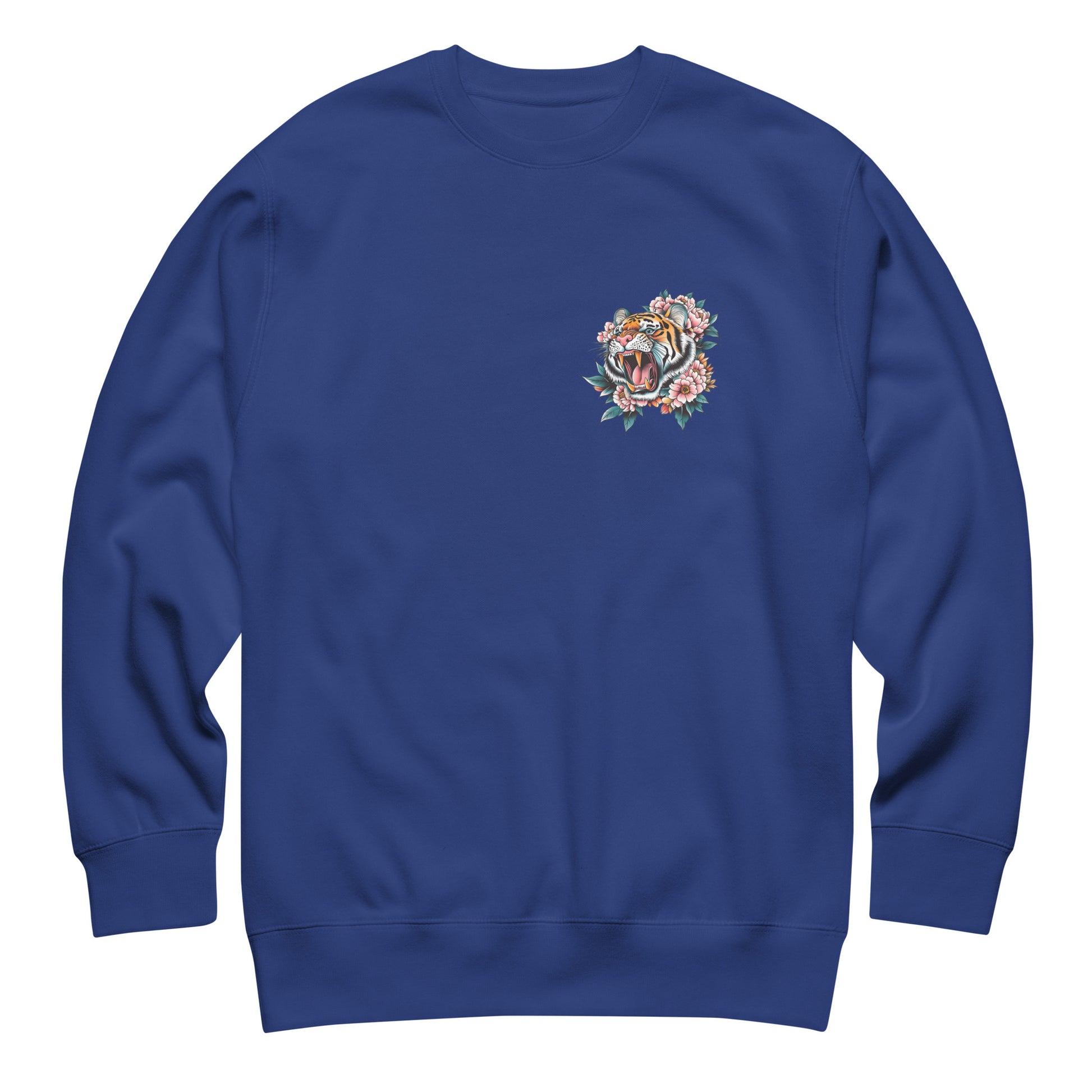 Royal blue unisex premium sweatshirt featuring small tiger emblem on chest, minimalist front detail for “Women Don’t Owe You Sh*t” feminist design.