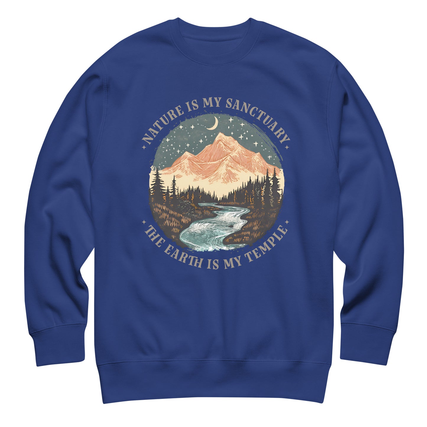 Blue Wave USA royal blue sweatshirt featuring vintage mountain landscape with forest and river under starry sky, nature sanctuary message apparel.