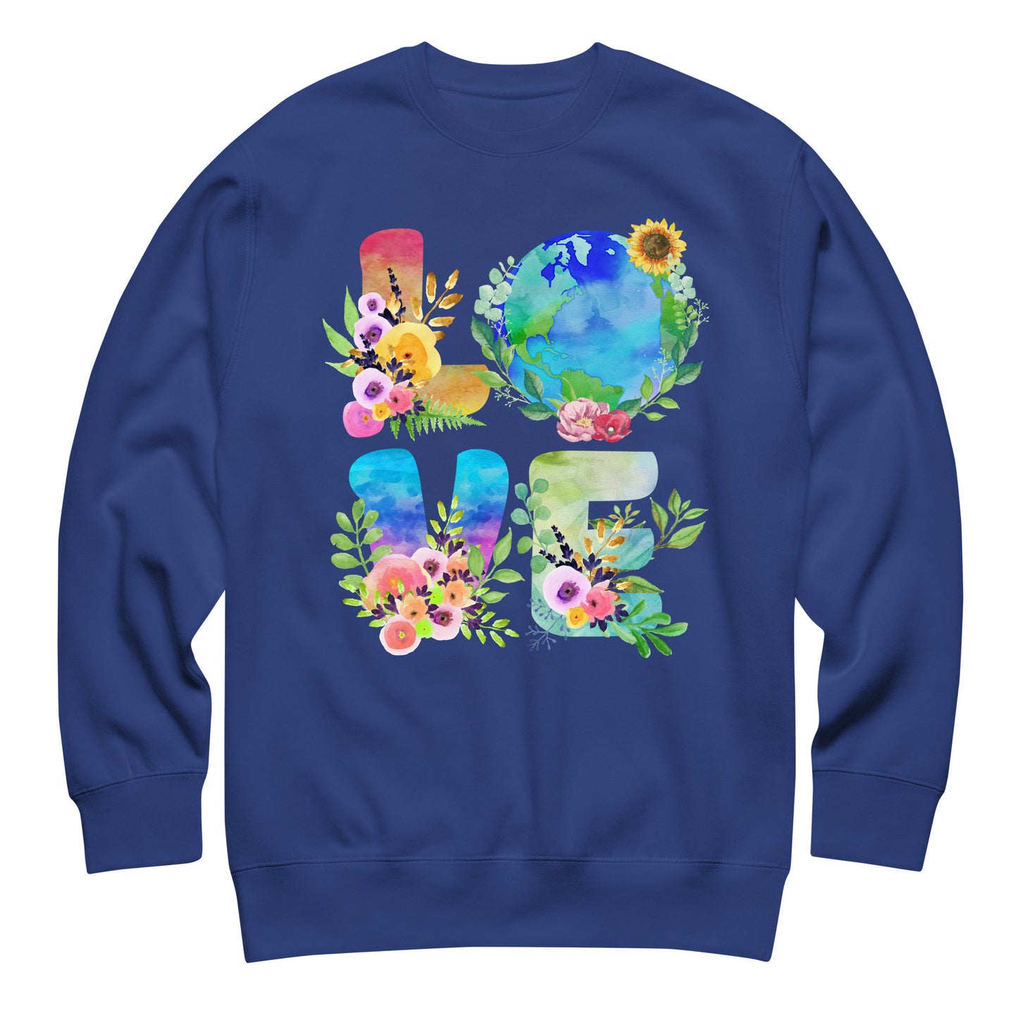 Blue Wave USA royal blue sweatshirt showing “LOVE” text with Earth and botanical elements in colorful sustainability-focused design.