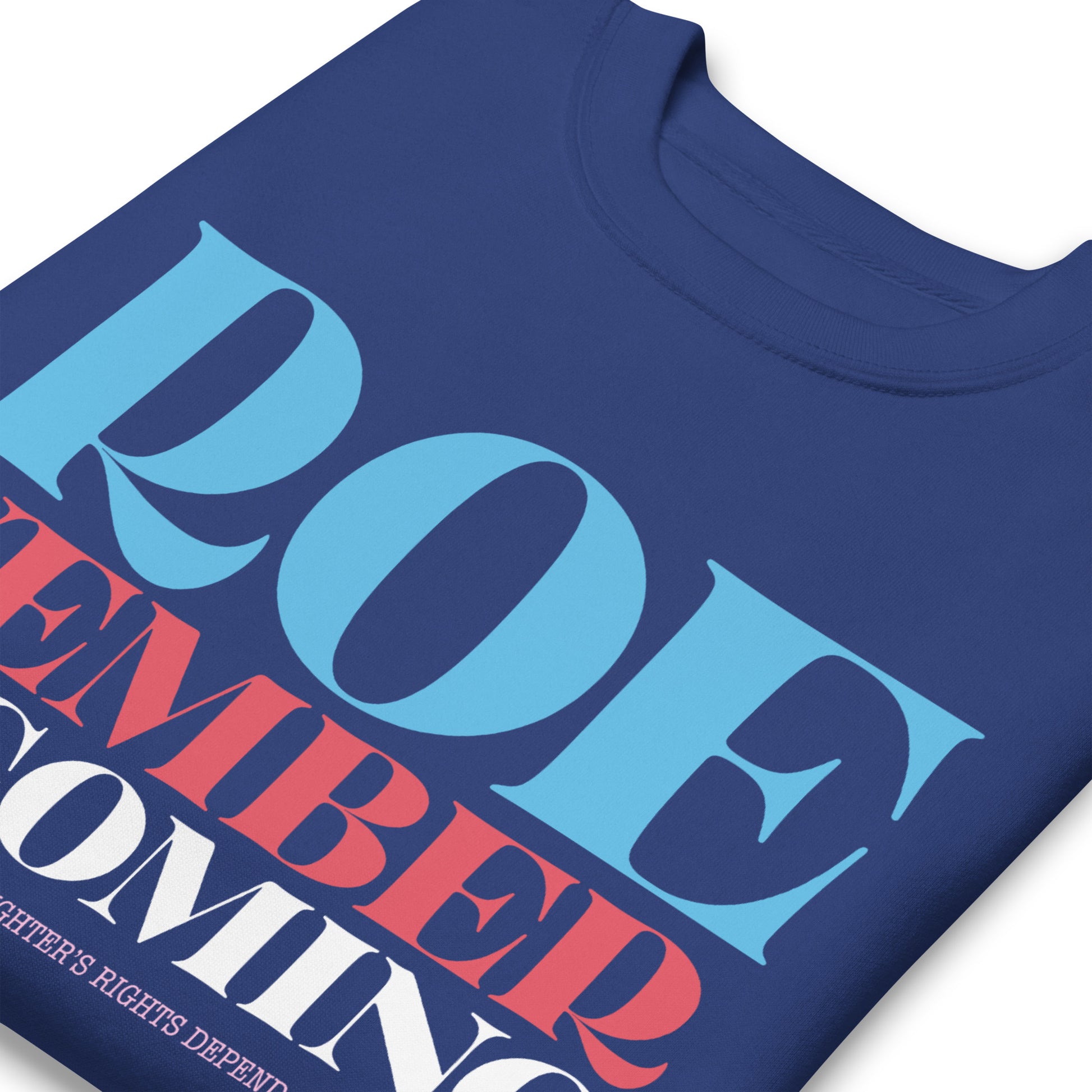 Royal blue unisex premium sweatshirt close-up featuring bold typography reading “Roevember Is Coming,” pro-choice activist sweatshirt.