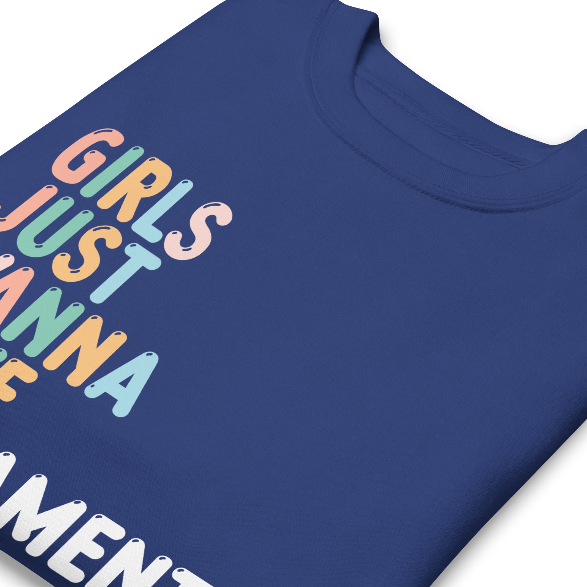 Royal blue unisex premium sweatshirt close-up featuring vertical stacked text “Girls Just Wanna Have Fundamental Human Rights,” women’s rights statement apparel.