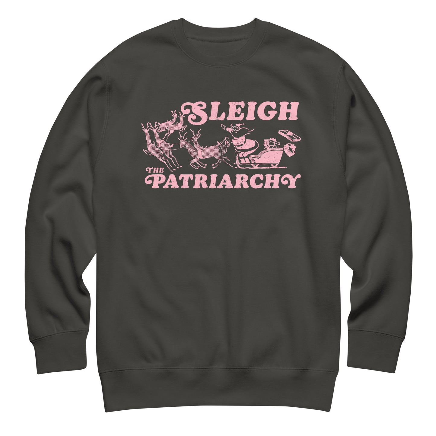 Vintage black crewneck with the pink “Sleigh the Patriarchy” print for a neutral, easy-to-style winter look from Blue Wave USA.