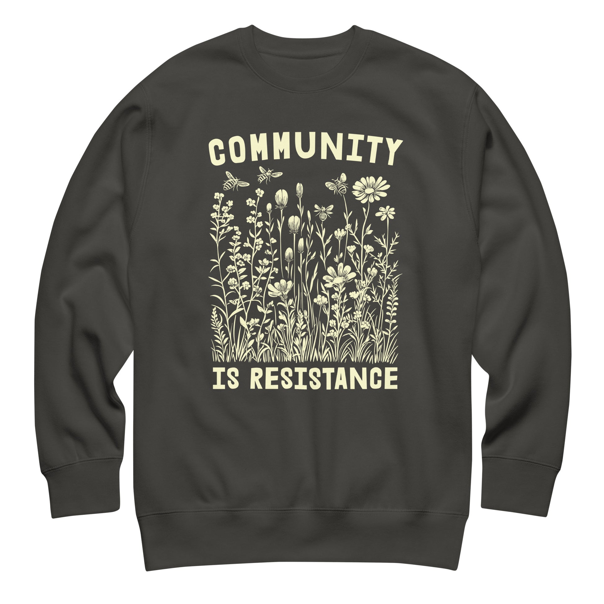 Dark heather gray unisex premium sweatshirt featuring wildflower botanical graphic and vintage typography, centered progressive apparel.