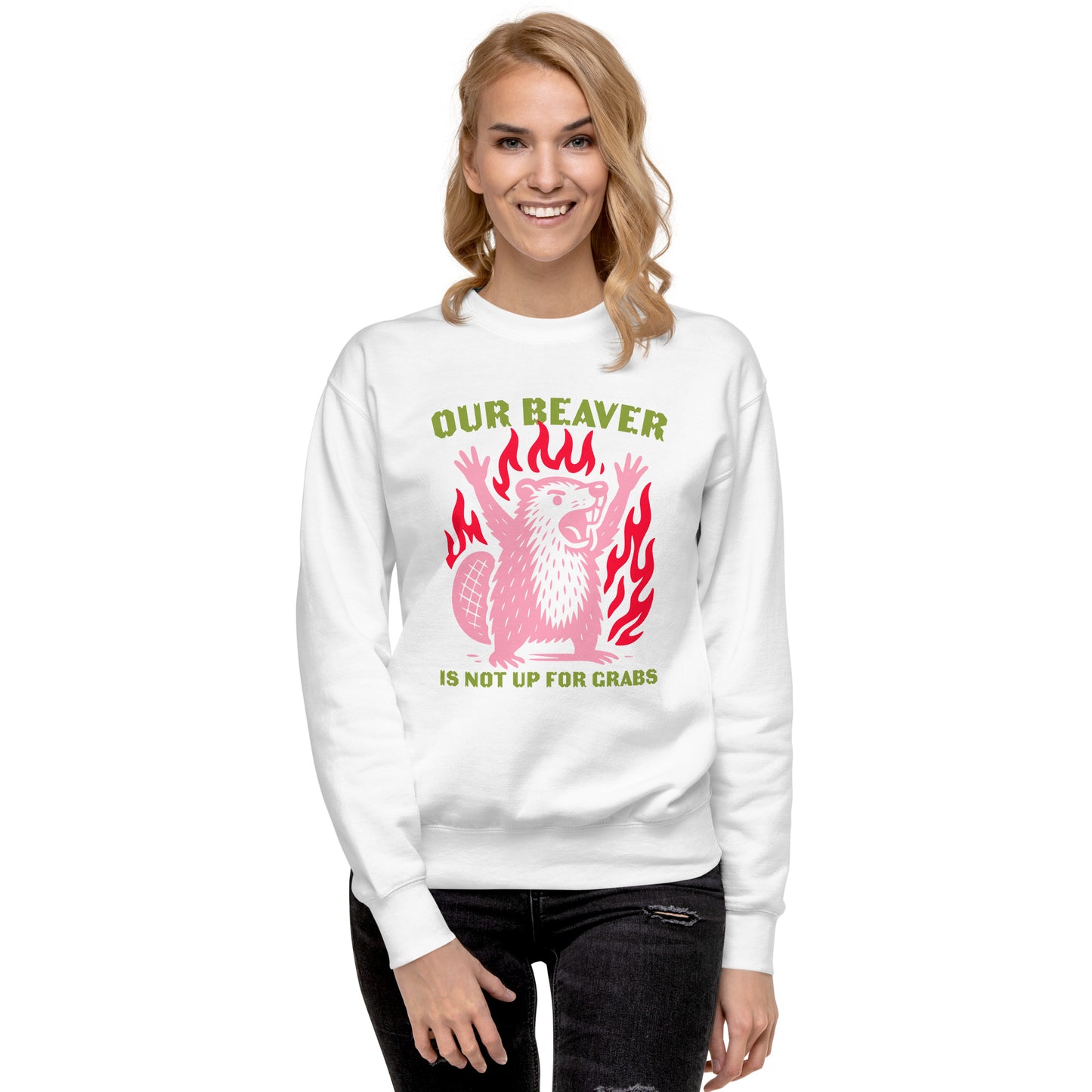 Lifestyle Image: Beautiful Canadian woman wearing the sweatshirt outdoors in a proud Canadian setting