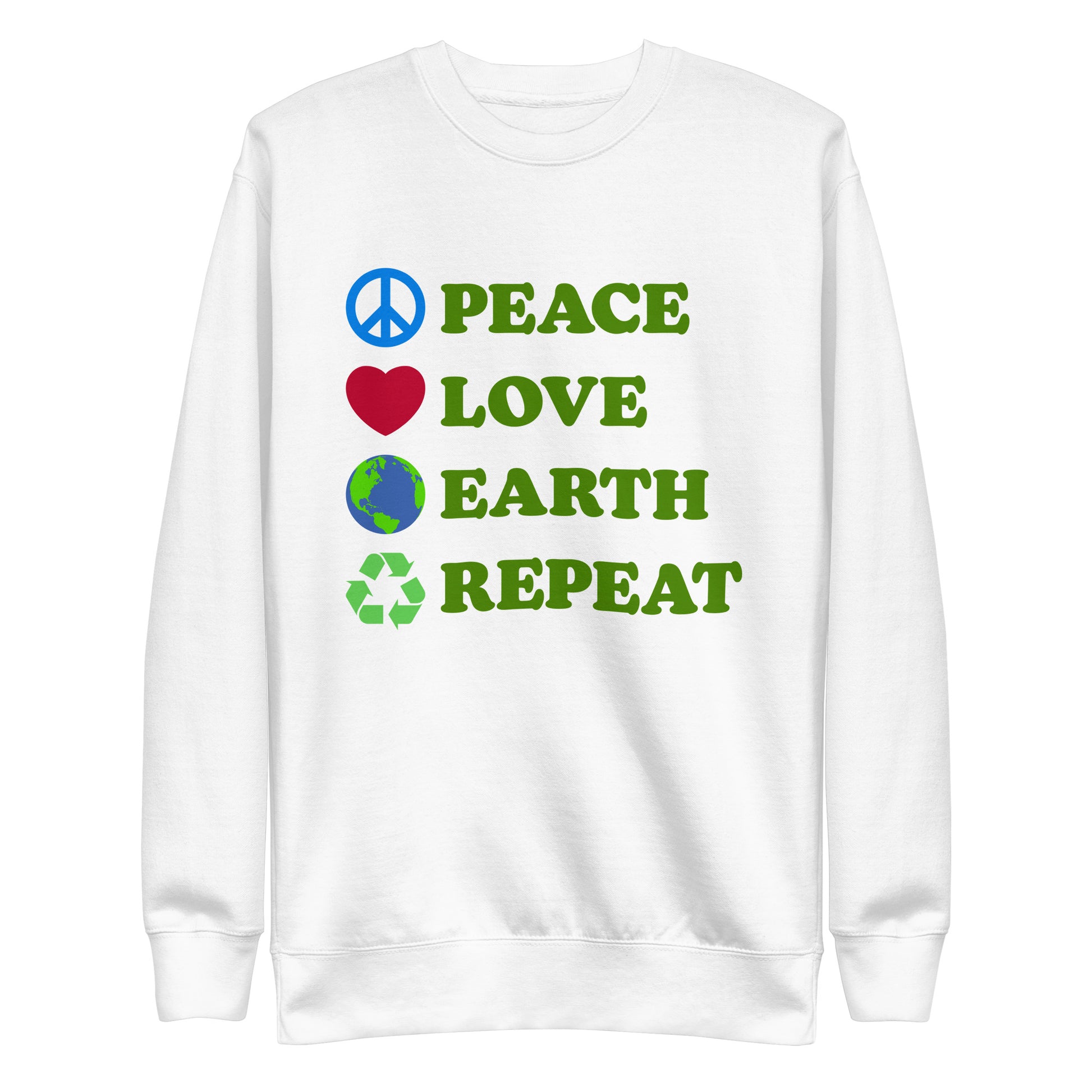 Front View Image: Peace Love Earth Repeat sweatshirt shown flat with full front design