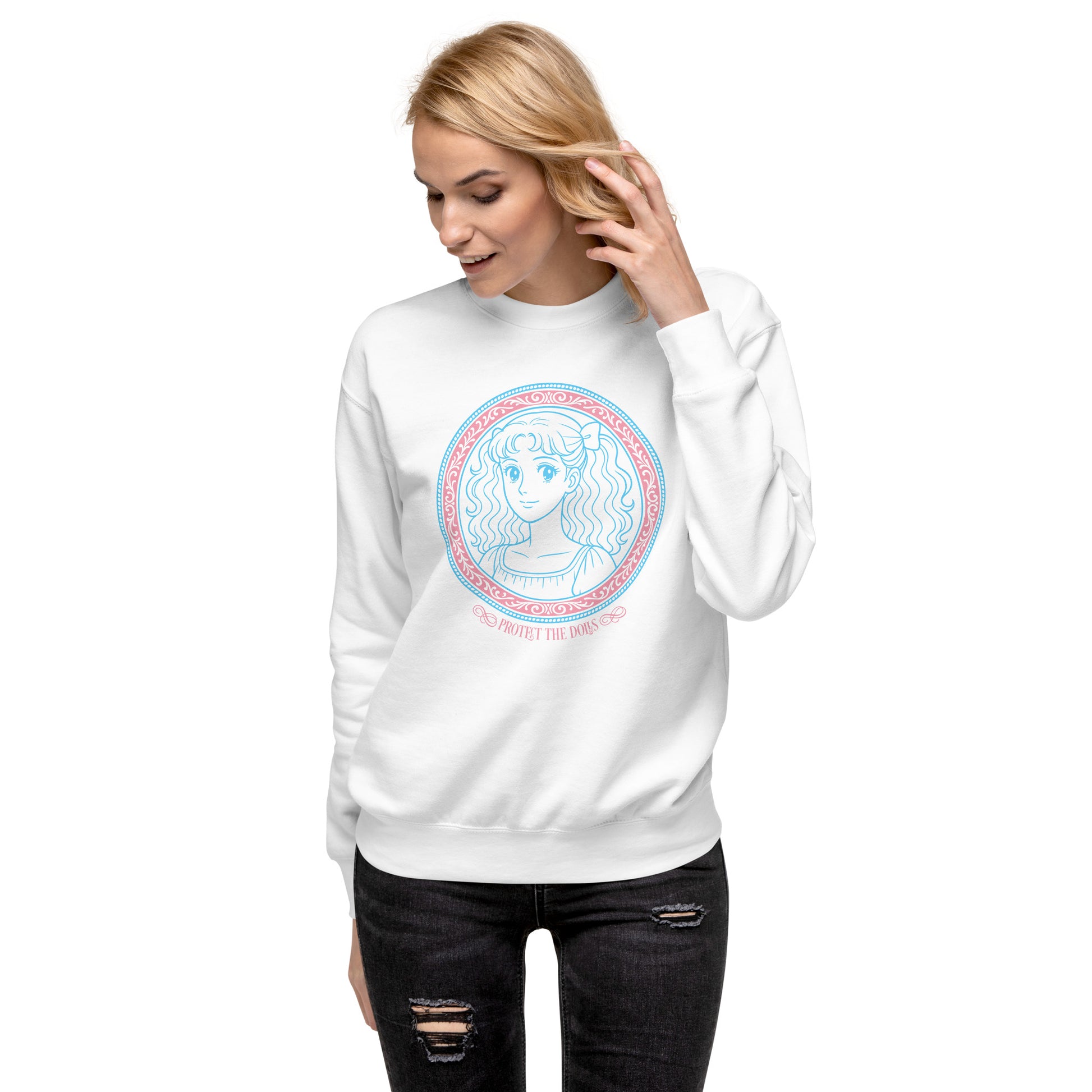 Lifestyle Image: Model wearing Protect The Dolls sweatshirt