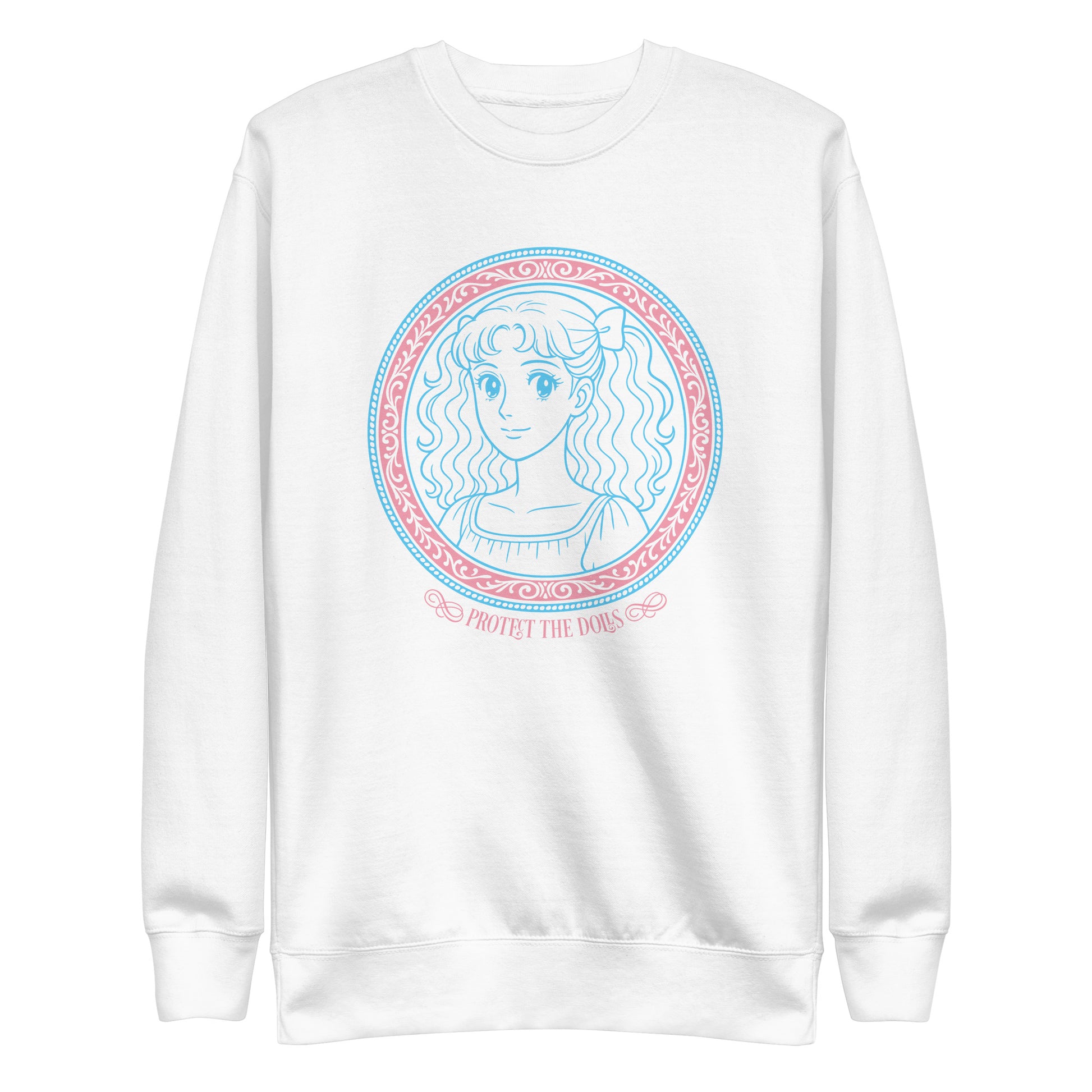 Front View Image: Protect The Dolls premium sweatshirt with pastel trans pride anime design