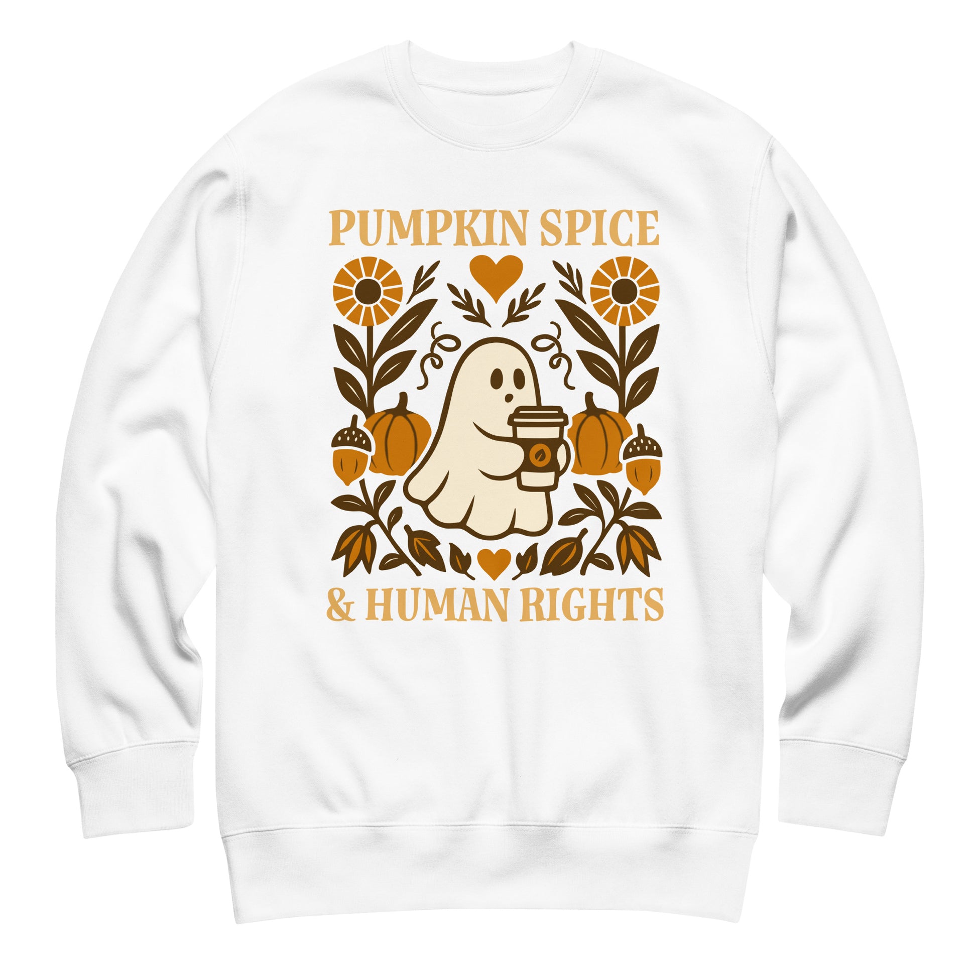 White “Pumpkin Spice & Human Rights” crewneck, whimsical ghost graphic for equality and cozy fall style.