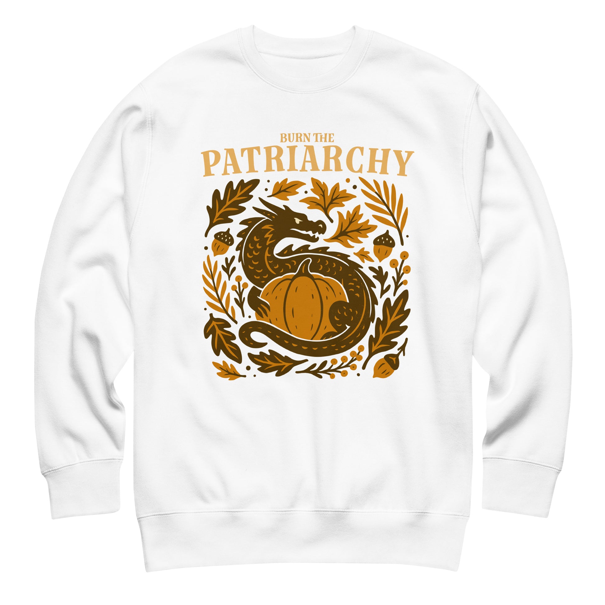 White “Burn the Patriarchy” feminism dragon sweatshirt, cozy equality apparel for fall activism and feminist pride.