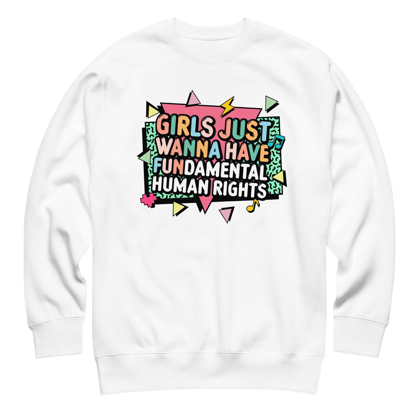 White crewneck sweatshirt with bright pastel feminist design, triangles, and lightning bolts. Equality-themed cozy statement piece.