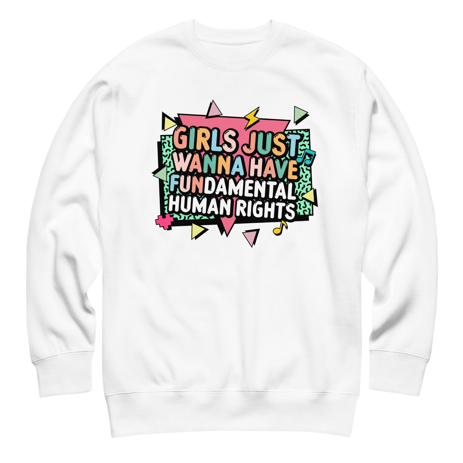 White crewneck sweatshirt with bright pastel feminist design, triangles, and lightning bolts. Equality-themed cozy statement piece.